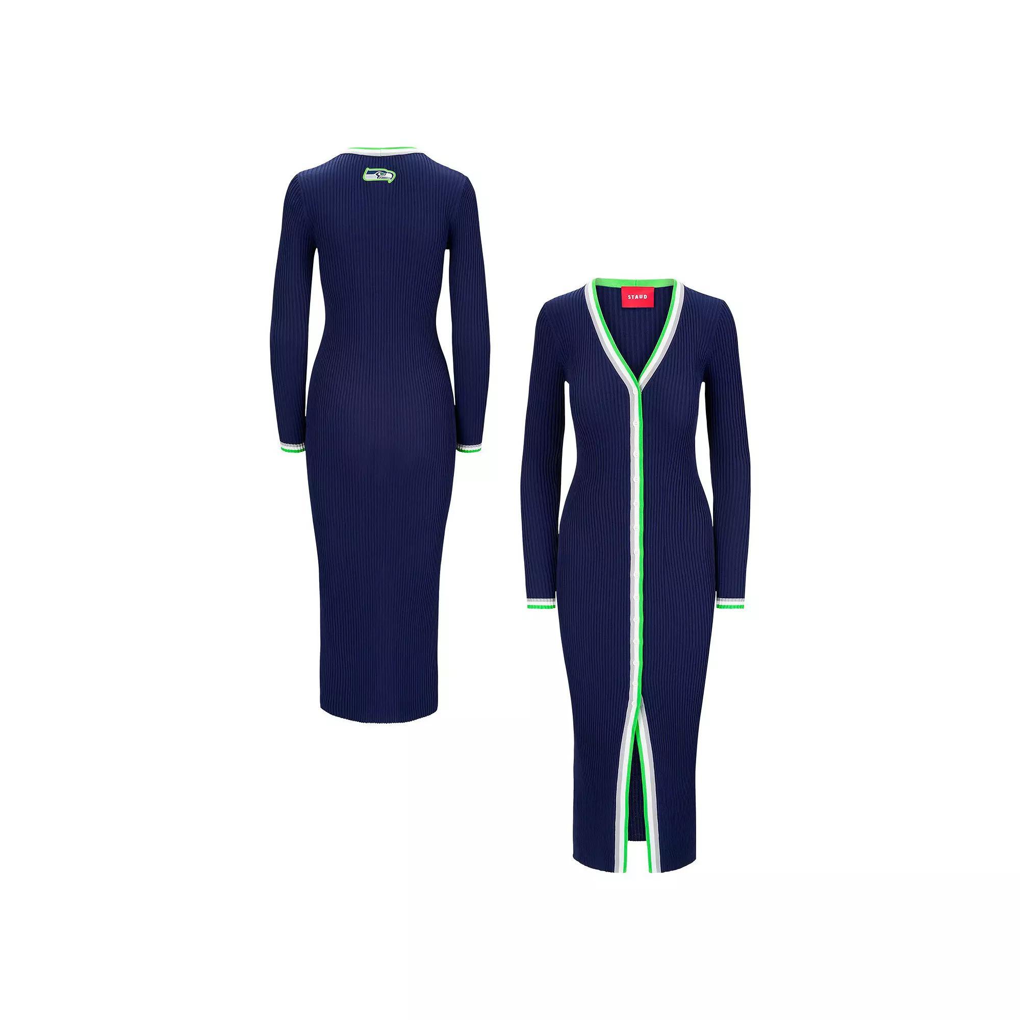 Women's STAUD College Navy Seattle Seahawks Shoko Knit Button-Up V-Neck Sweater Dress, Size: Large, Team Product Image