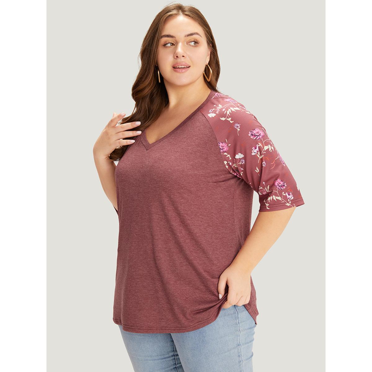 Plus Size Floral Patchwork Raglan Sleeve T-shirt Russet Women Elegant Patchwork Floral V-neck Work T-shirts BloomChic 12/L Product Image