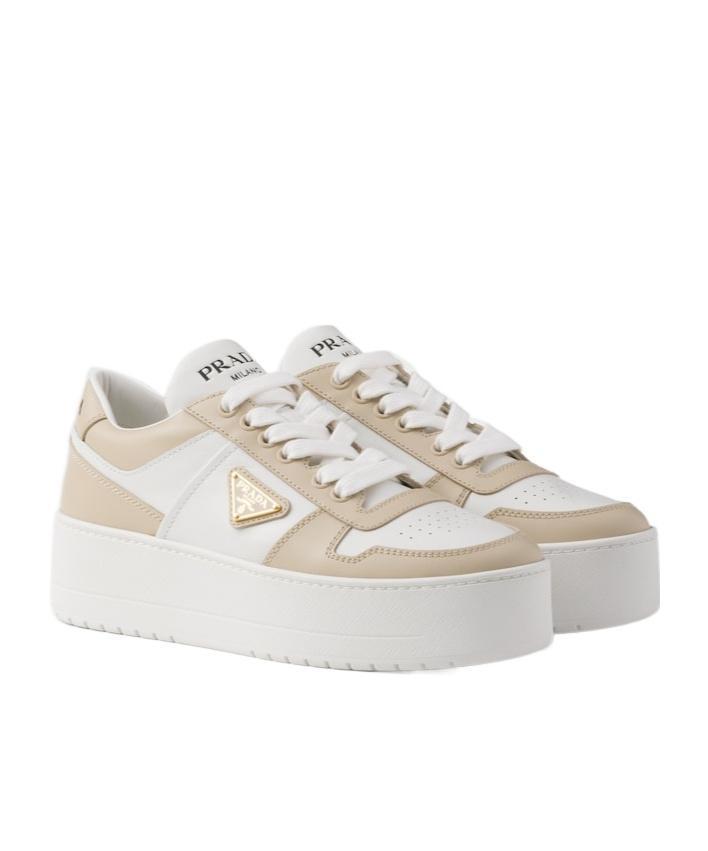PRADA Downtown Bold Platform-sole Leather Trainers In White Beige Product Image