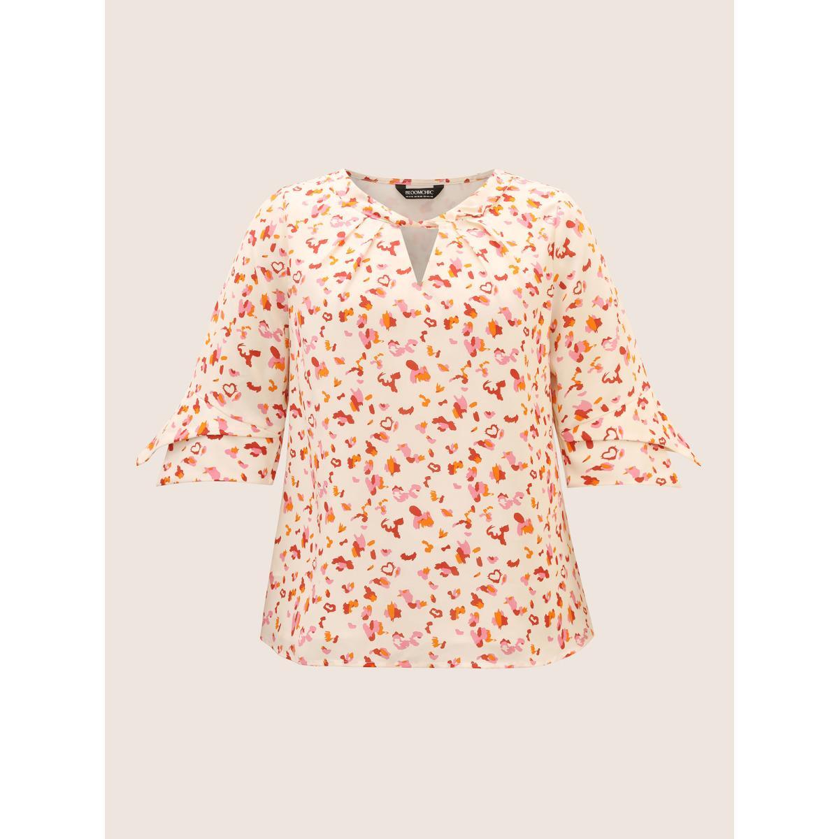 Plus Size Multicolor Allover Print Ruffle Sleeve Keyhole Blouse Women At the Office Elbow-length sleeve Round Neck Work Blouses BloomChic 22-24/3X Product Image