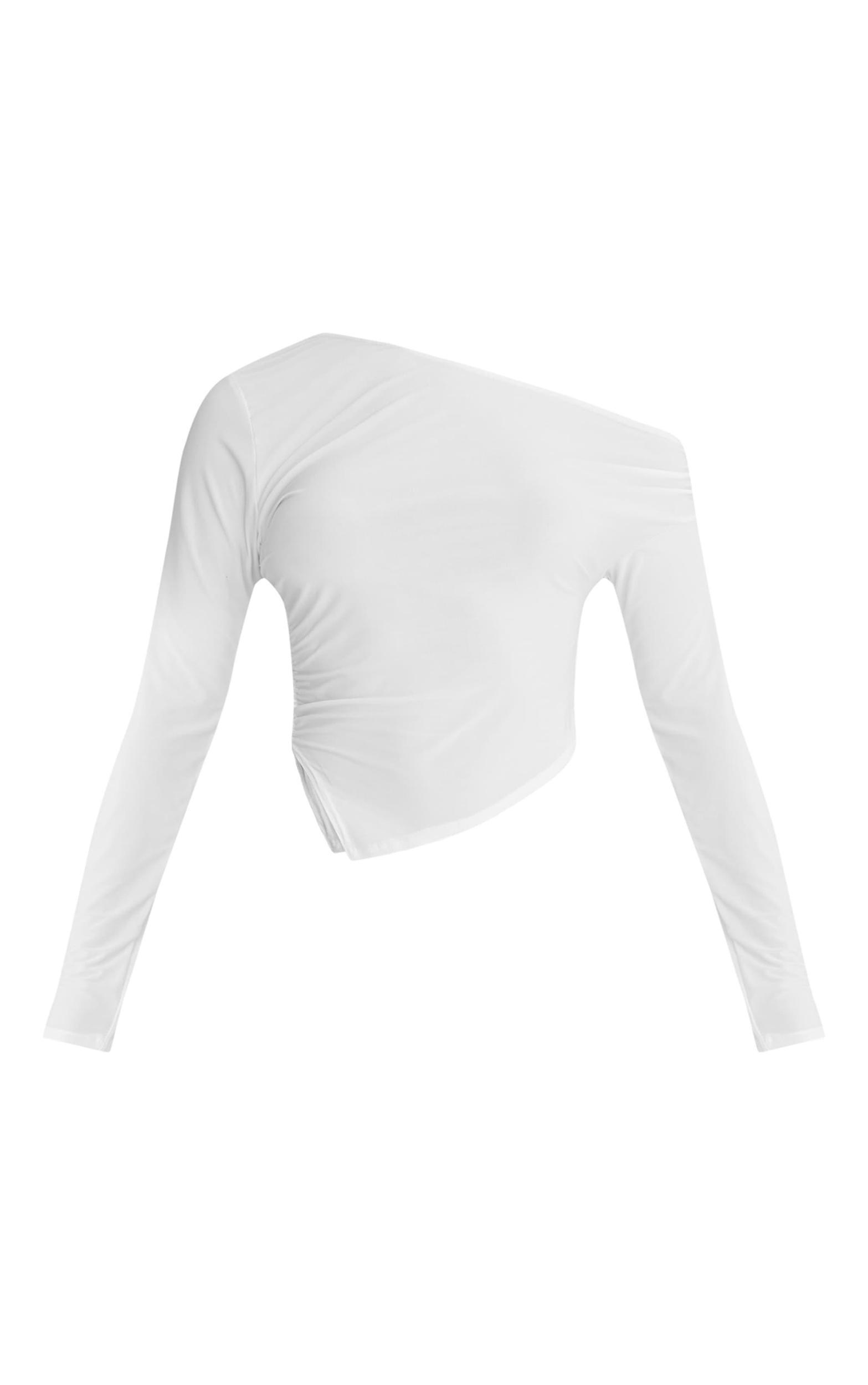 White Soft Touch Asymmetric Ruched Long Sleeve Top Product Image