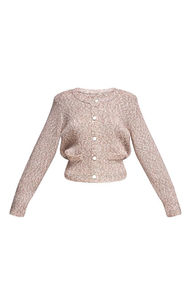 Mocha Marl Textured Bobble Knit Button Up Pocket Detail Cardigan Product Image