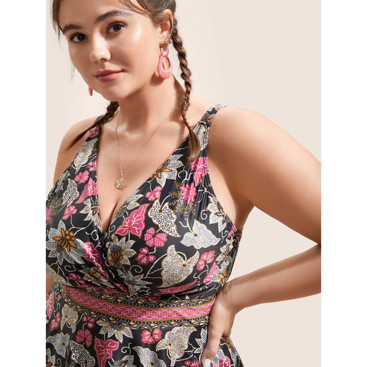 Plus Size Bandana Print Overlap Collar Swim Dress Women's Swimwear Black Beach Bodycon V-neck High stretch Curve Swim Dresses BloomChic 26/4X Product Image