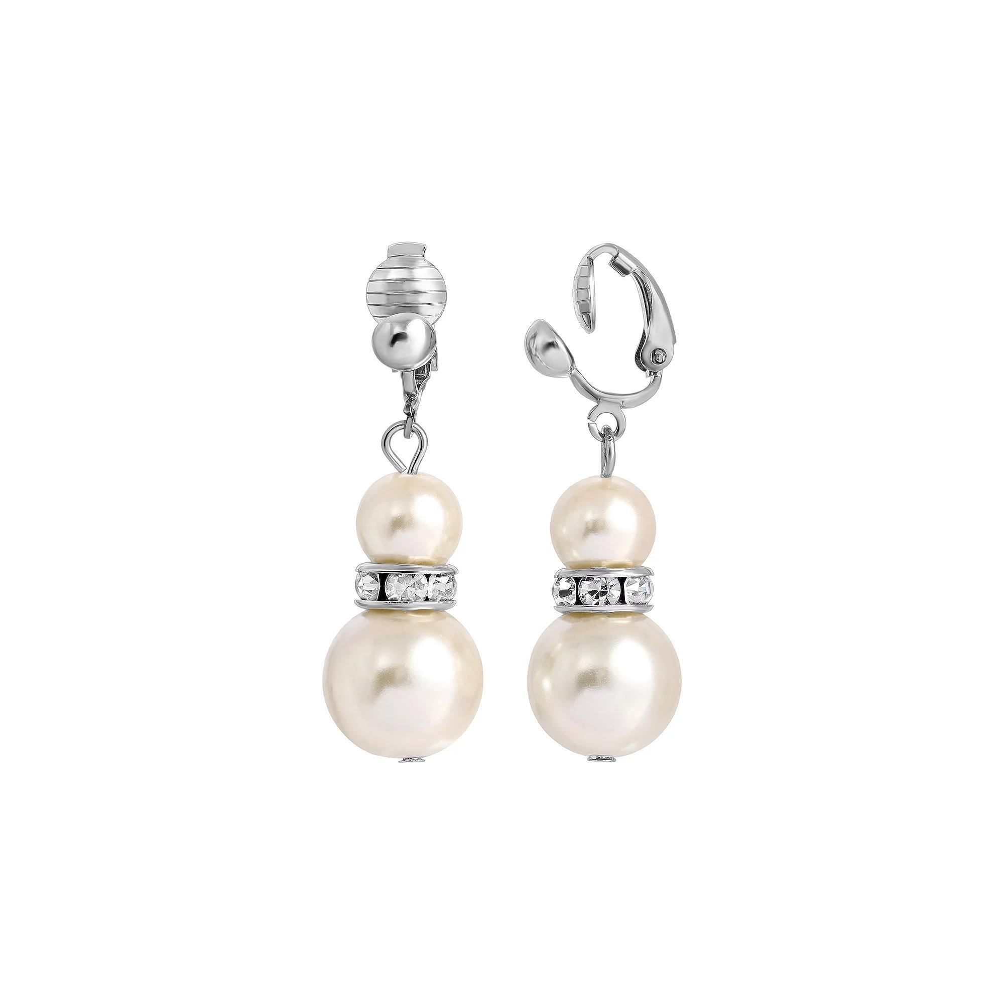1928 Silver Tone Faux Pearl & Crystal Clip Earrings, Womens, White Product Image