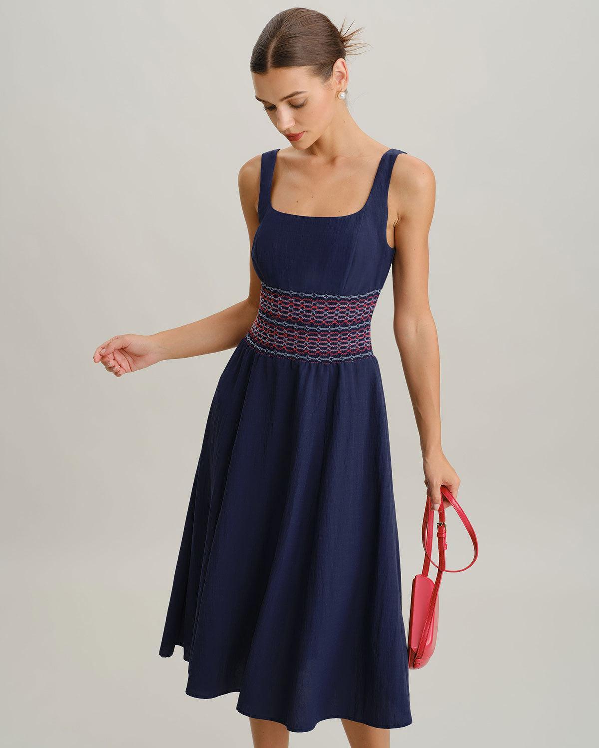 Blue Square Neck Shirred Slip Midi Dress Product Image