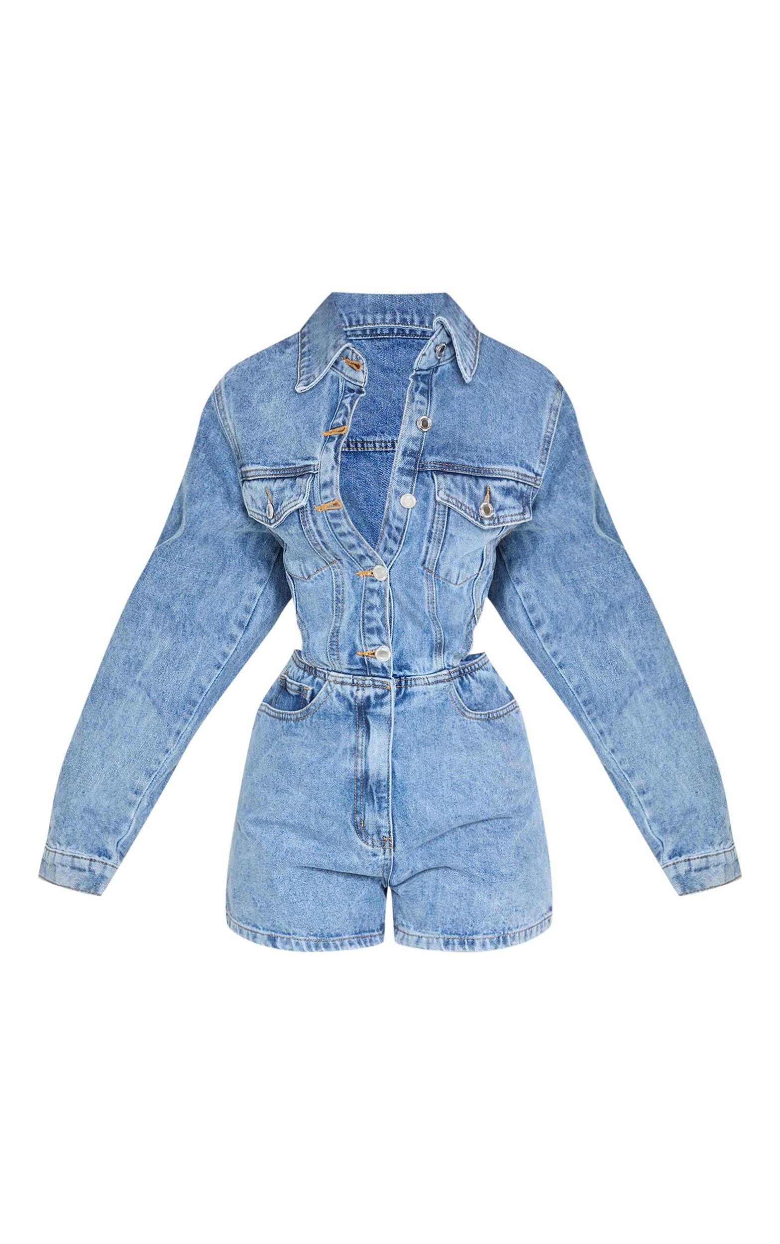 Petite Light Blue Wash Denim Cut Out Romper Product Image