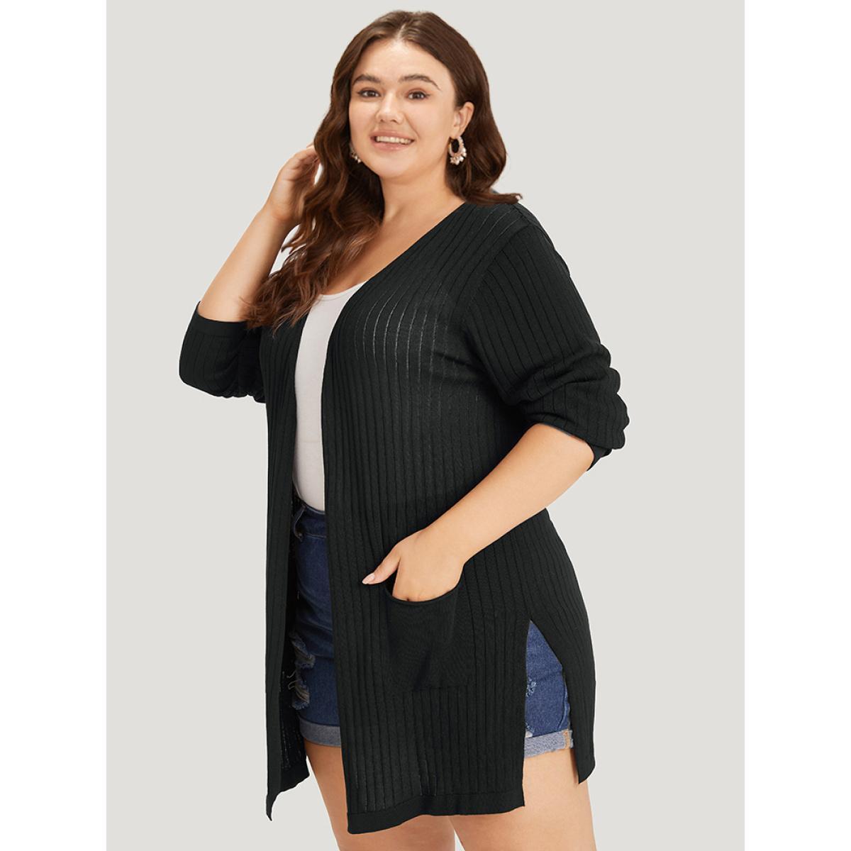 Plus Size Solid Rib Knit Pocket Lightweight Tunic Cardigan Black Women Basics Loose Long Sleeve Everyday Cardigans BloomChic 30/6X Product Image