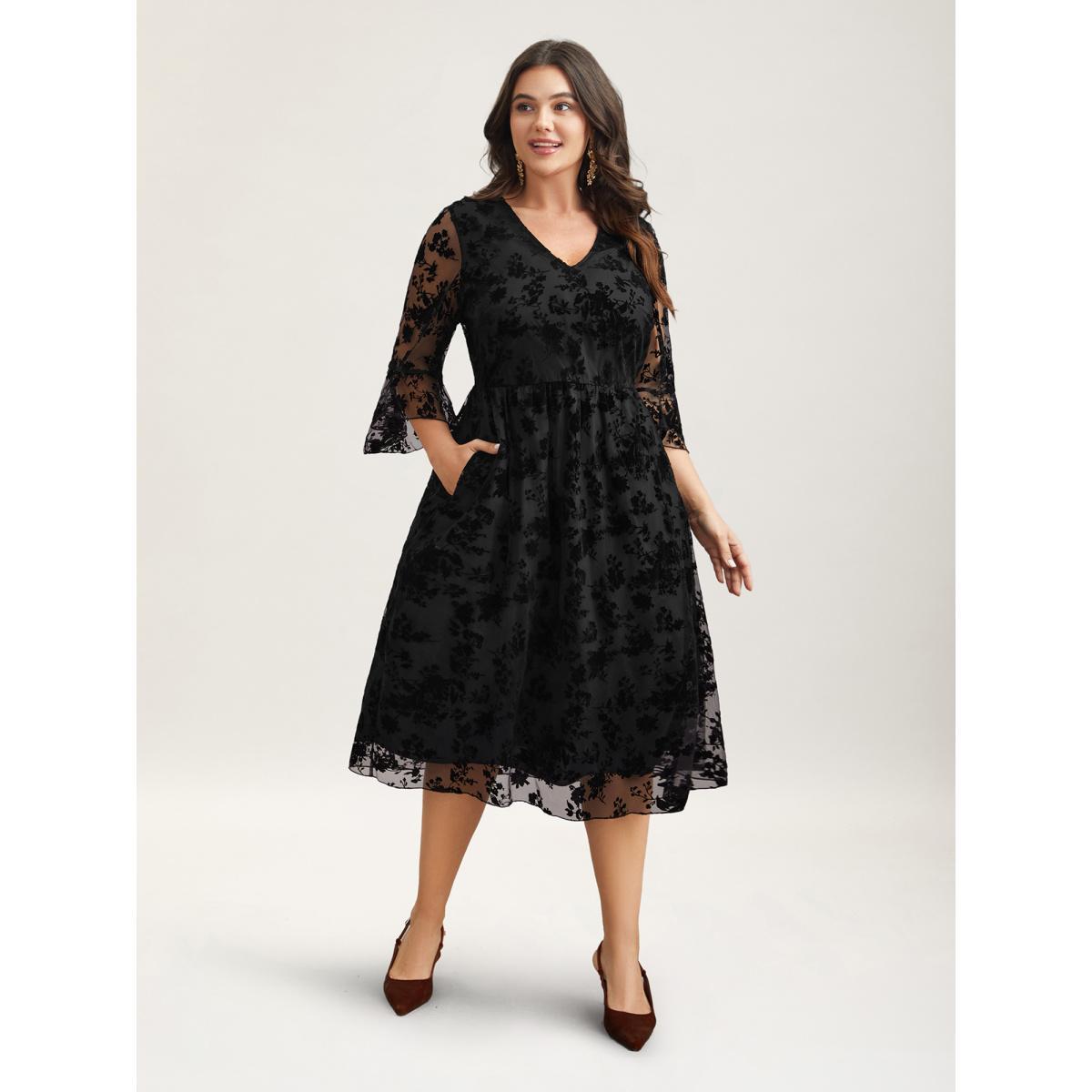 Plus Size Sheer Textured Waist-Cinched Midi Dress Black Women Elegant Texture V-neck Elbow-length sleeve Curvy BloomChic 18-20/2X Product Image