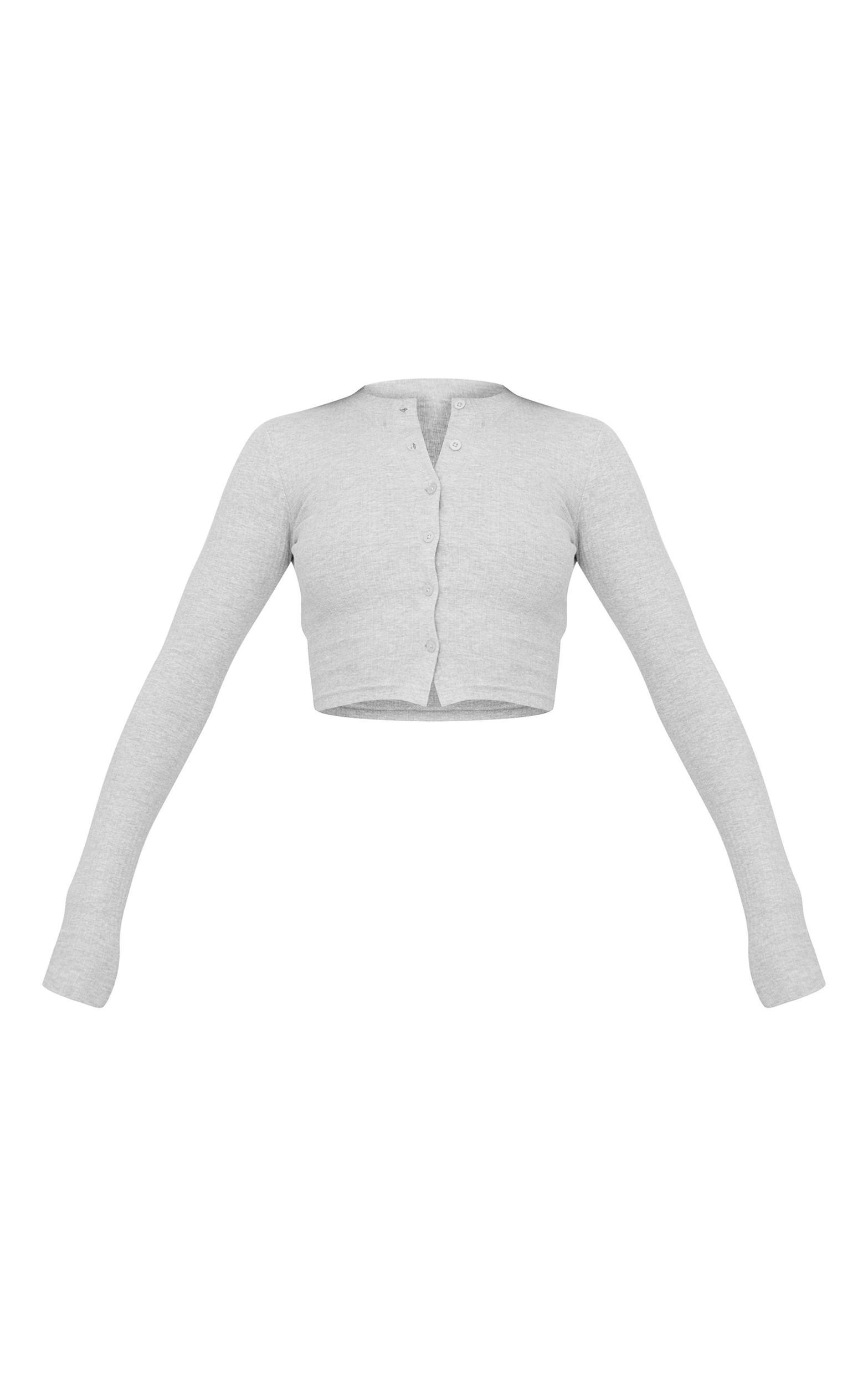 Grey Ribbed Button Down Detail Long Sleeve Top Product Image