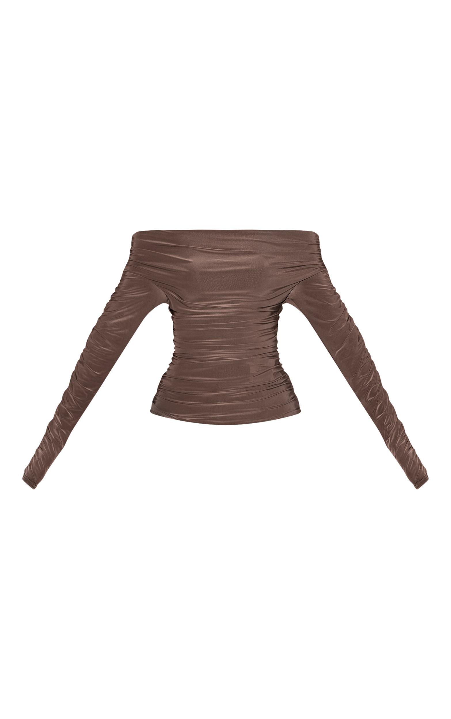 Charcoal Double Layer Slinky Ruched Detail Bardot Long Sleeve Top Product Image