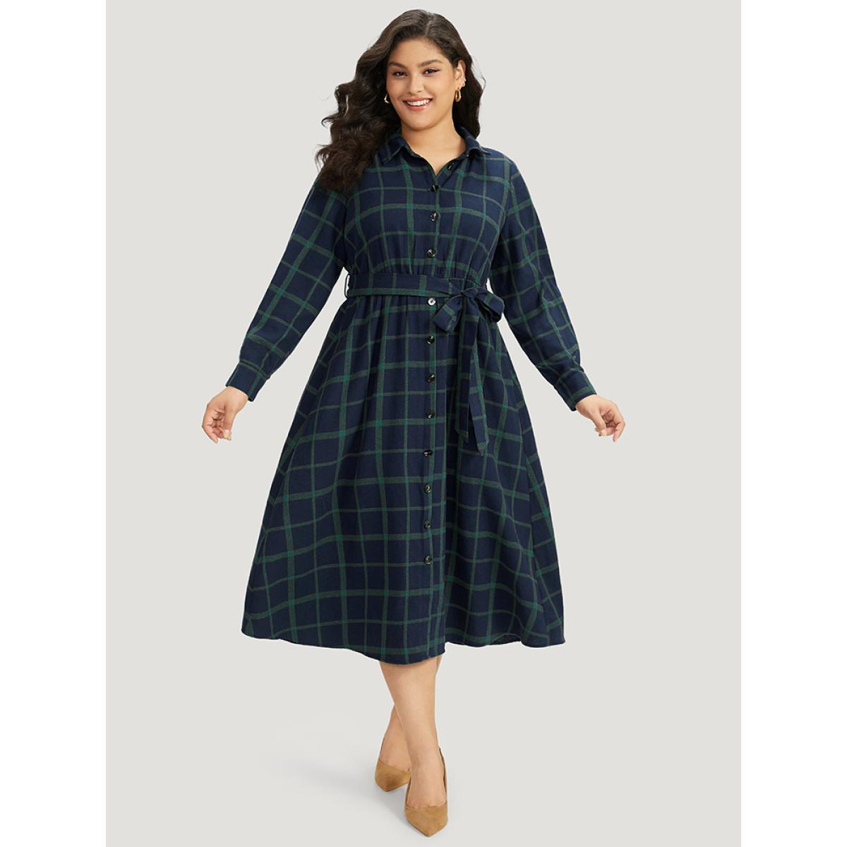 Plus Size Plaid Shirt Collar Button Fly Belted Dress Blue Women Office Belted Shirt collar Long Sleeve Curvy Midi Dress BloomChic 28/5X Product Image