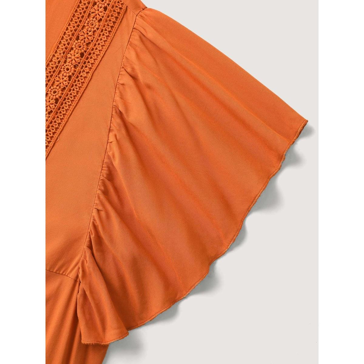 Plus Size Rayon Stretchy Waist Lace Midi Dress OrangeRed Women V-neck Short sleeve Curvy BloomChic 14-16/1X Product Image