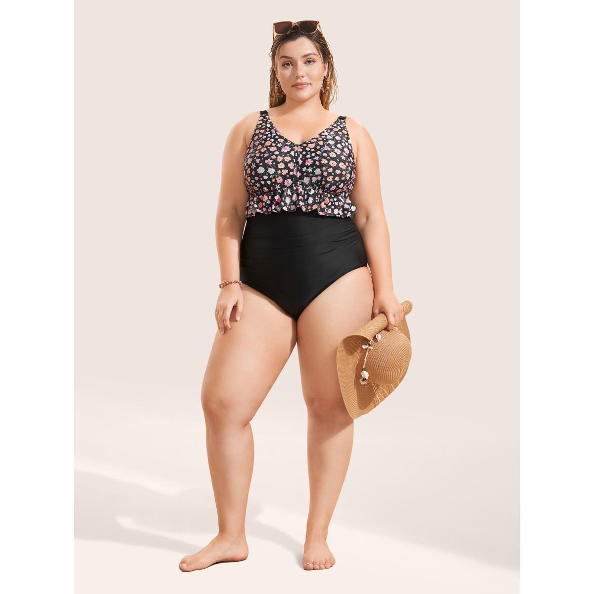 Plus Size Ditsy Floral Patchwork Ruffle Trim One Piece Swimsuit Women's Swimwear Black Beach Gathered Curve Bathing Suits High stretch One Pieces BloomChic 22-24/3X Product Image