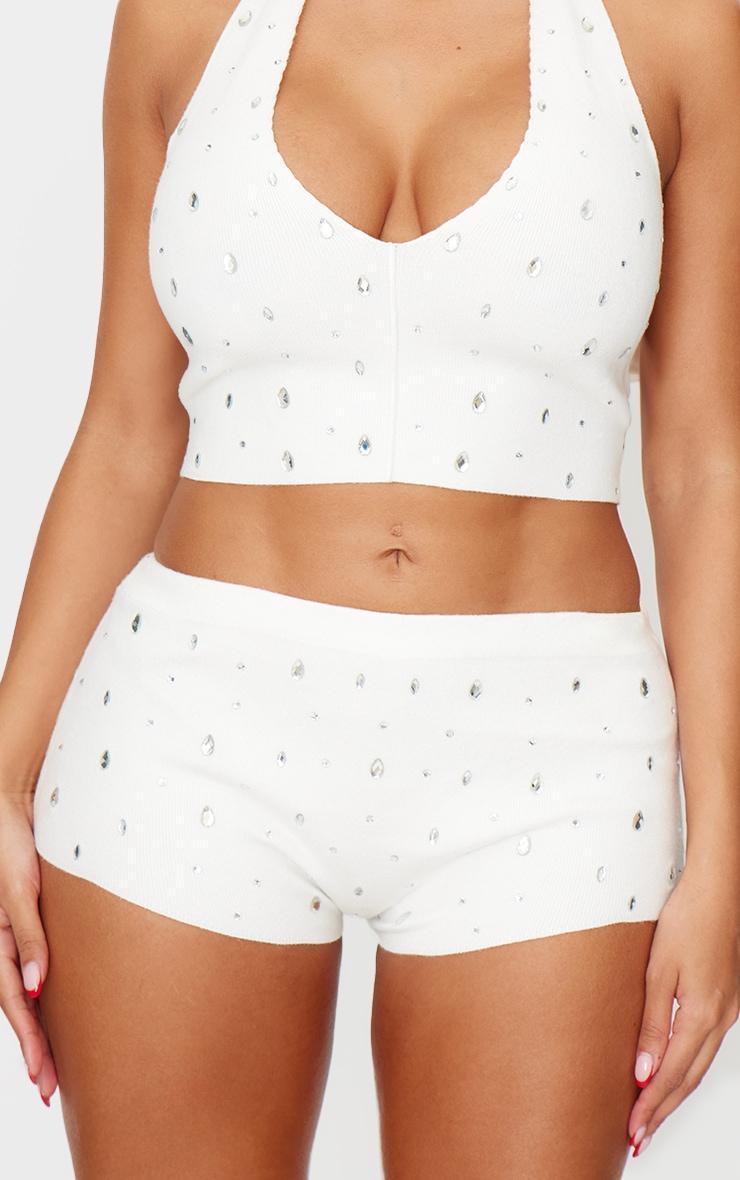 Shape Cream Knitted Diamante Mini Shorts Product Image