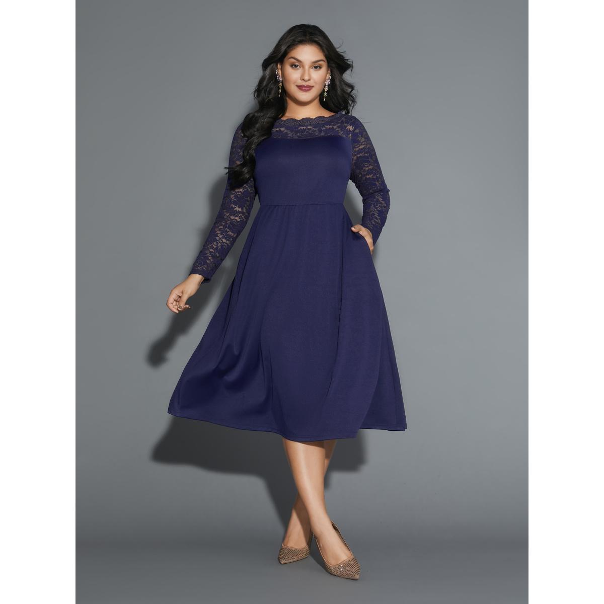 Plus Size Boat Neck Floral Crochet Lace Mesh Dress Indigo Women Cocktail Woven ribbon&lace trim Party Curvy Bloomchic 18-20/2X Product Image