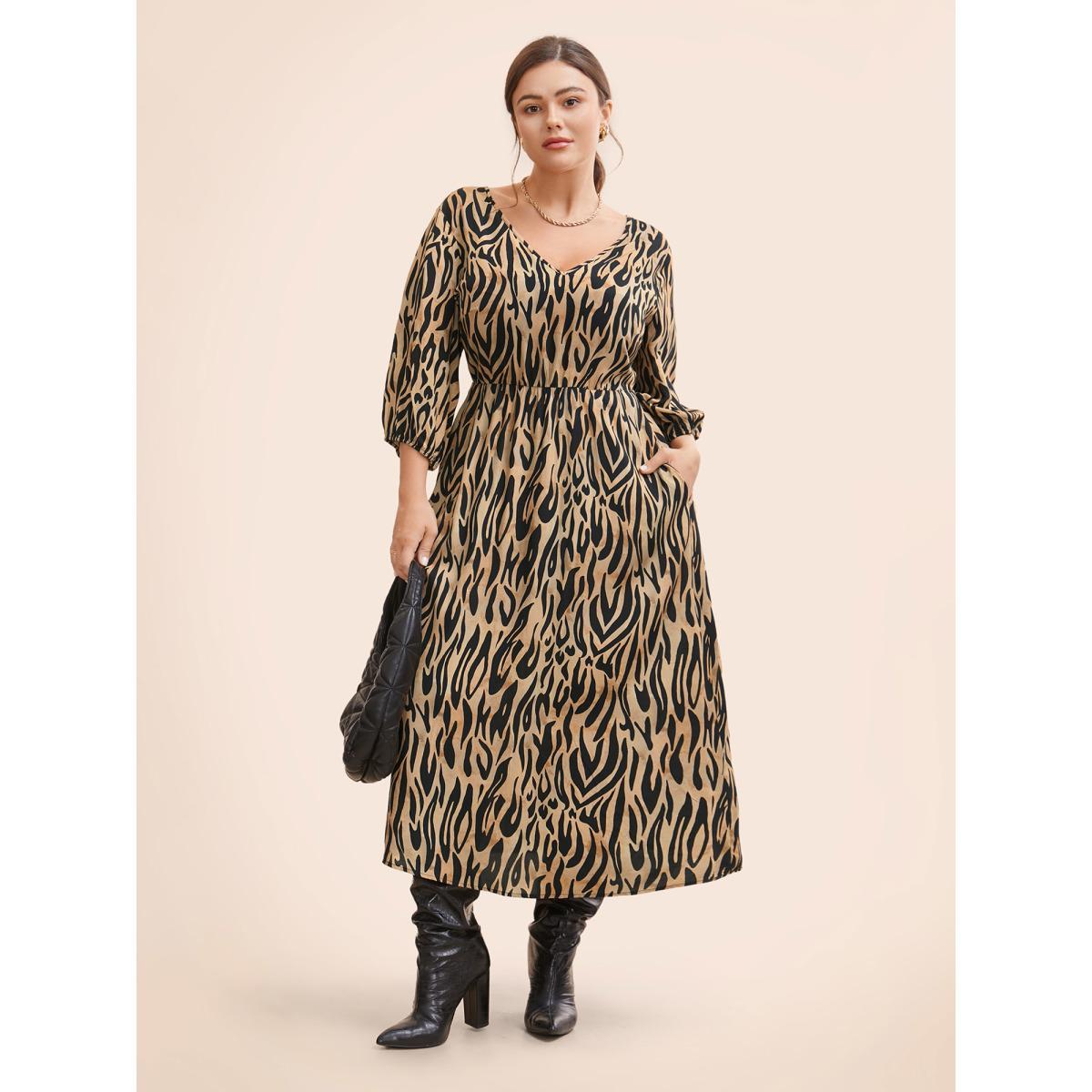 Plus Size Leopard Print Tie Knot Lantern Sleeve Dress Yellowishbrown Women Workwear Essentials Tie knot V-neck Elbow-length sleeve Curvy BloomChic 14-16/1X Product Image