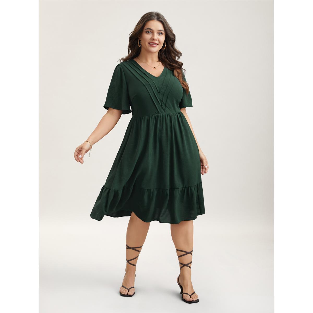 Plus Size Bib-Front V-Neck Pockets Tiered Midi Dress DarkGreen Women Elegant Tucked seam V-neck Short sleeve Curvy BloomChic 26/4X Product Image