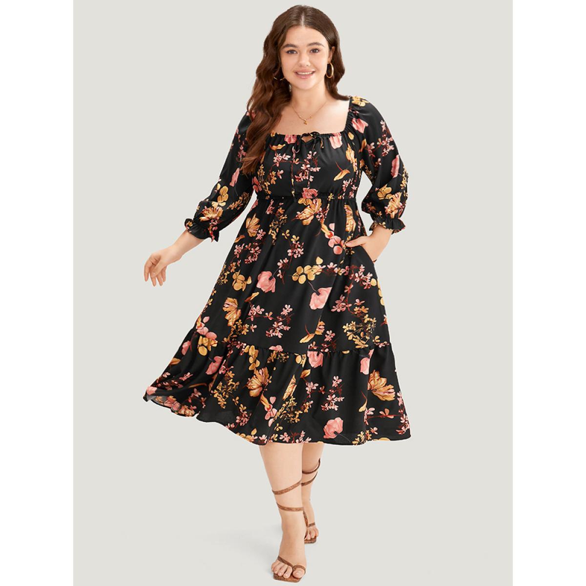 Plus Size Floral Print Bowknot Flutter Trim Tiered Dress Black Women Elegant Gathered Square Neck Elbow-length sleeve Curvy Midi Dress BloomChic 30/6X Product Image