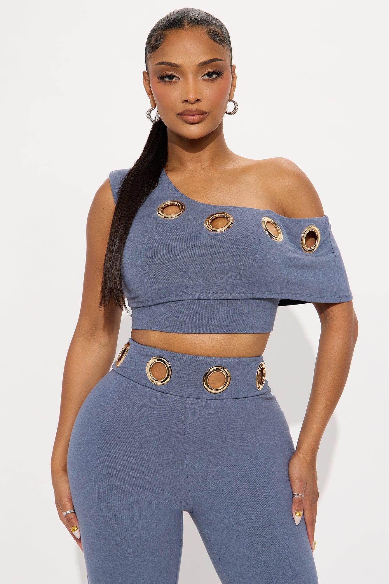 Lia Off Shoulder Grommet Pant Set - Slate Blue Product Image