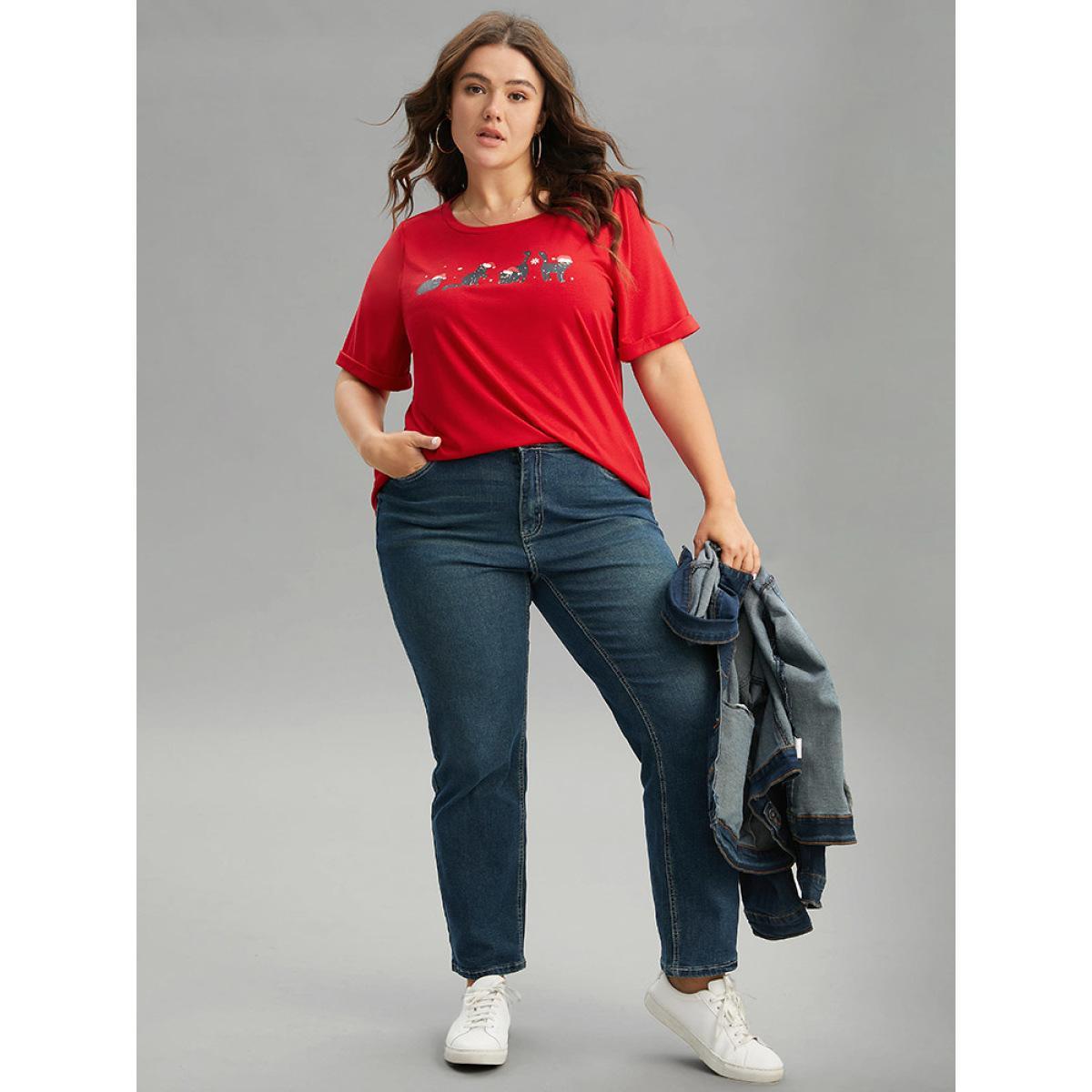 Plus Size Christmas Cat Print Cuffed Sleeve T-shirt Red Women Casual Printed Christmas Festival-Christmas T-shirts BloomChic 10/M Product Image