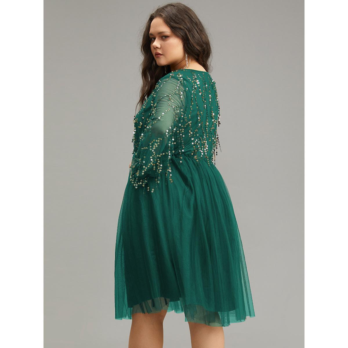 Plus Size Sequin Mesh Patchwork Tassel Dress Emerald Women Cocktail Gathered Overlap Collar Long Sleeve Curvy Knee Dress BloomChic 10/M Product Image