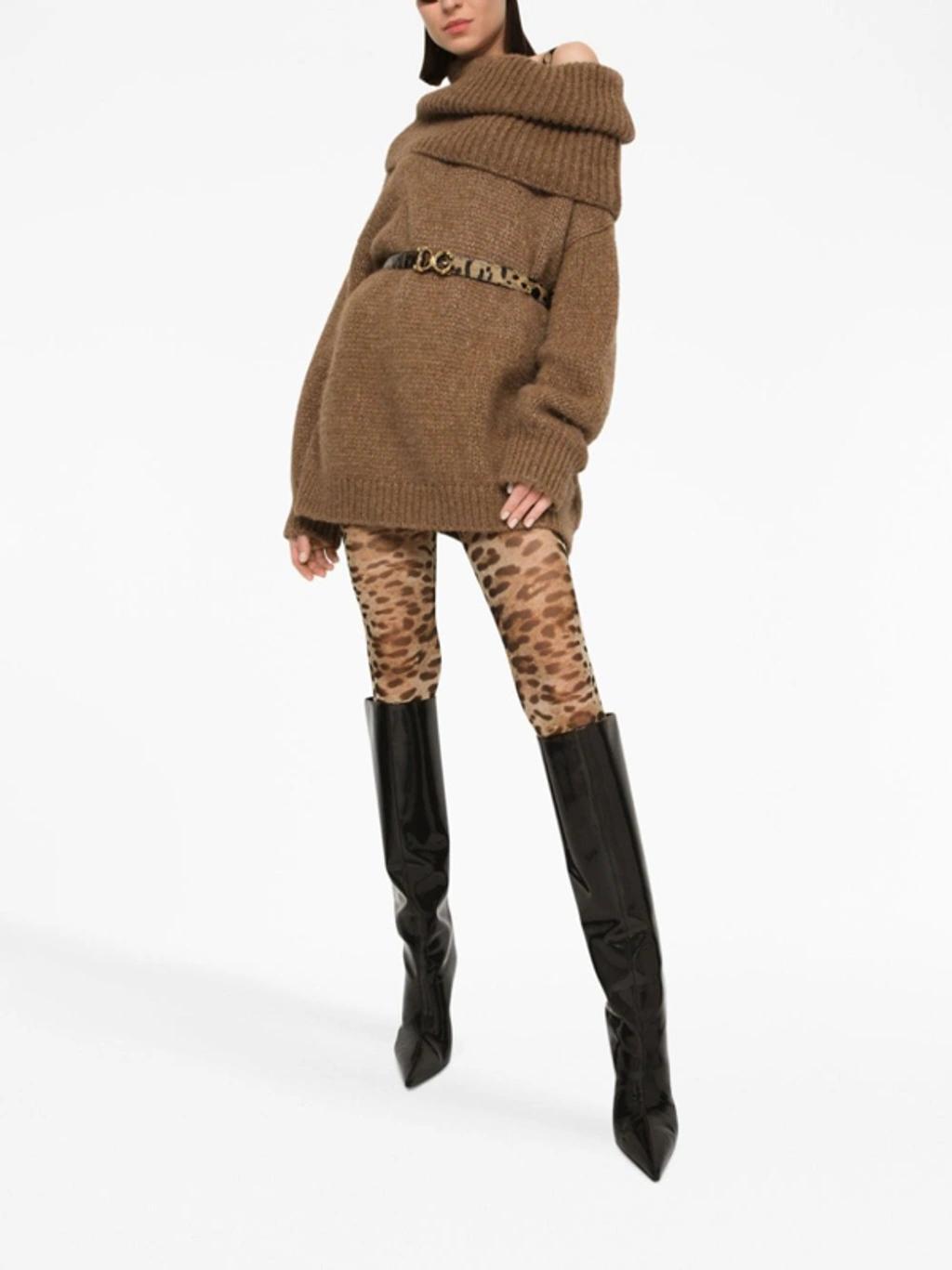 DOLCE & GABBANA Ribbed Off-shoulder Dress In Brown Product Image