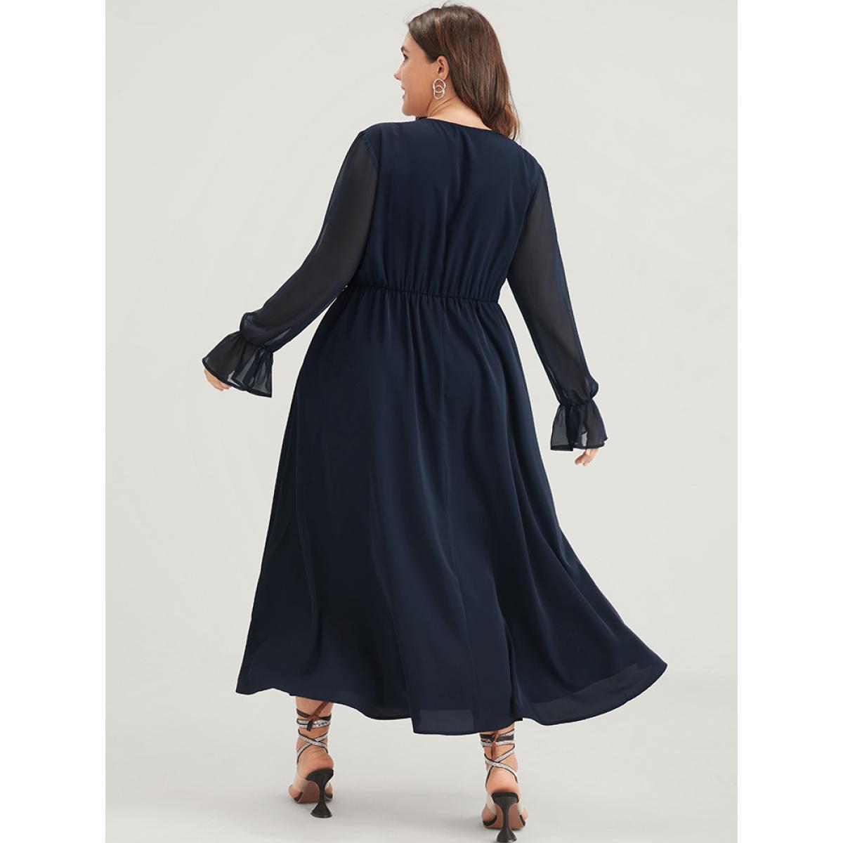 Plus Size Solid Button Split Pocket Wrap Lantern Sleeve Ruffles Hem Dress DarkBlue Women Casual Wrap V-neck Long Sleeve Curvy Midi Dress BloomChic 28/5X Product Image