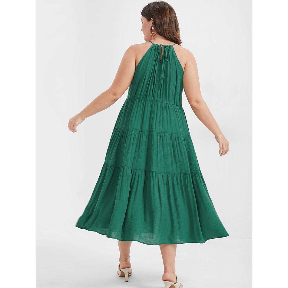 Plus Size Solid Flutter Split Keyhole Ties Halter Neck Midi Dress Green Women Elegant Halter neck Curvy Midi Dress BloomChic 10/M Product Image