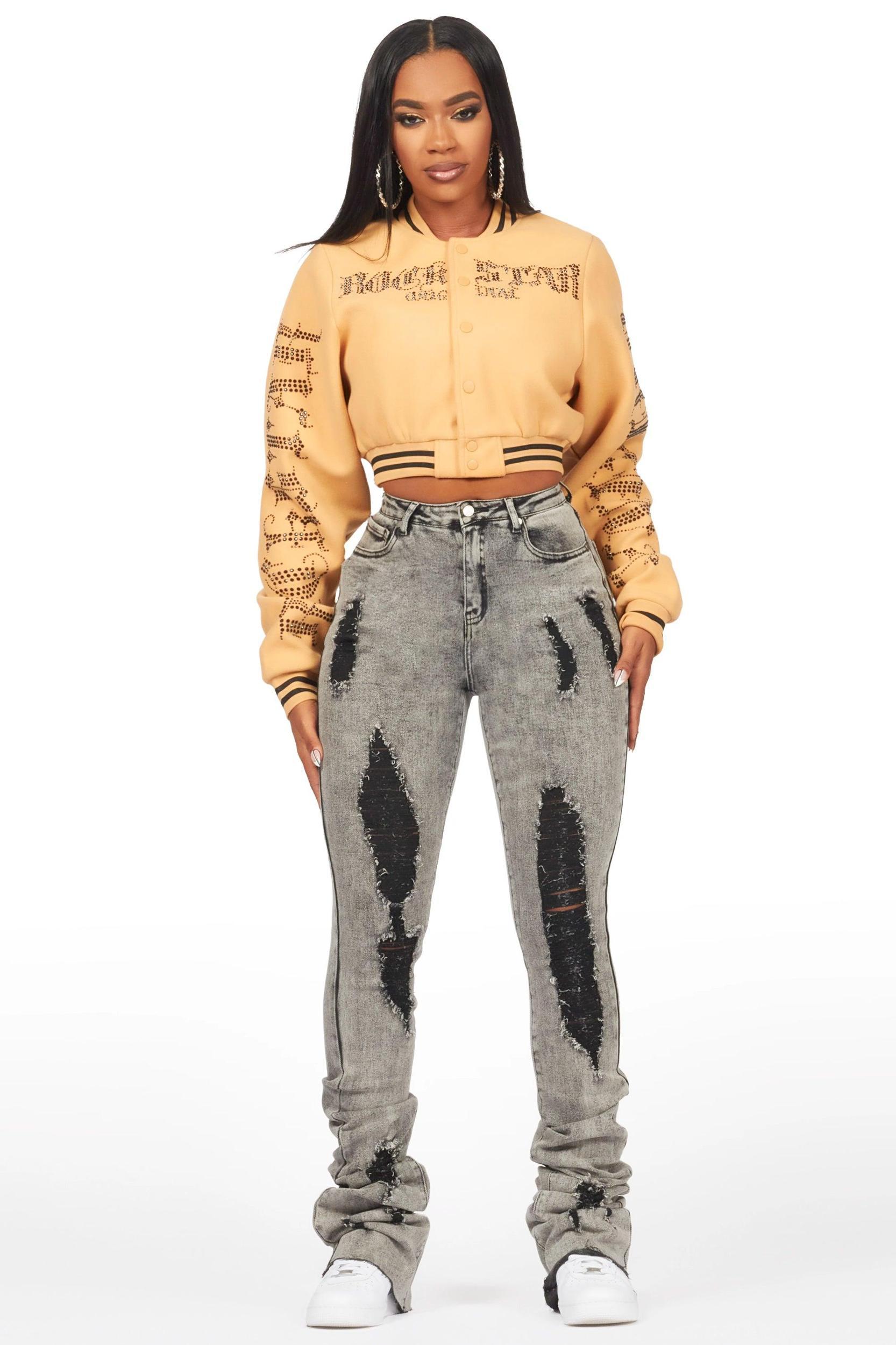 Gianni Tan Crop Rhinestone Varsity Jacket Female Product Image