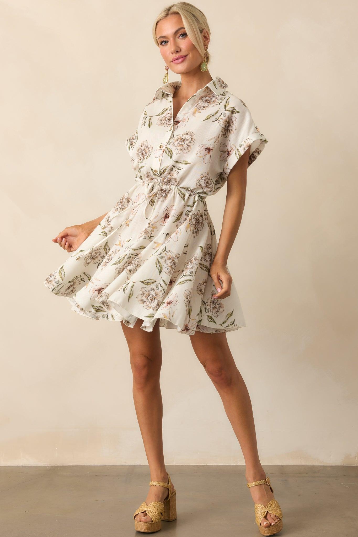 Always In High Spirits Ivory Multi Floral Print Mini Shirt Dress Product Image