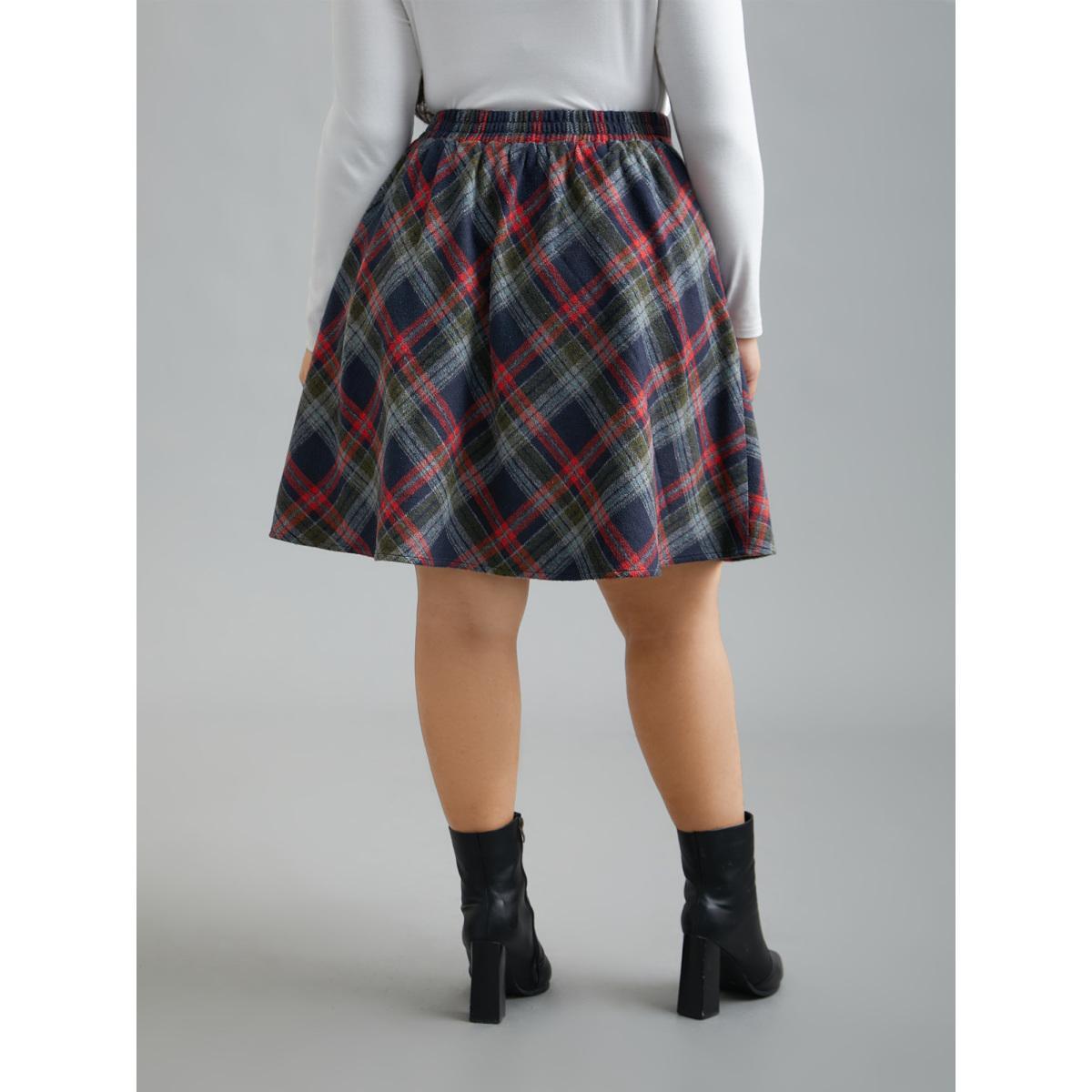 Plus Size Plaid Pattern Elastic Waist A-line Mini Skirt Women Moss Elegant Low stretch Slanted pocket Everyday Skirts BloomChic 30/6X Product Image