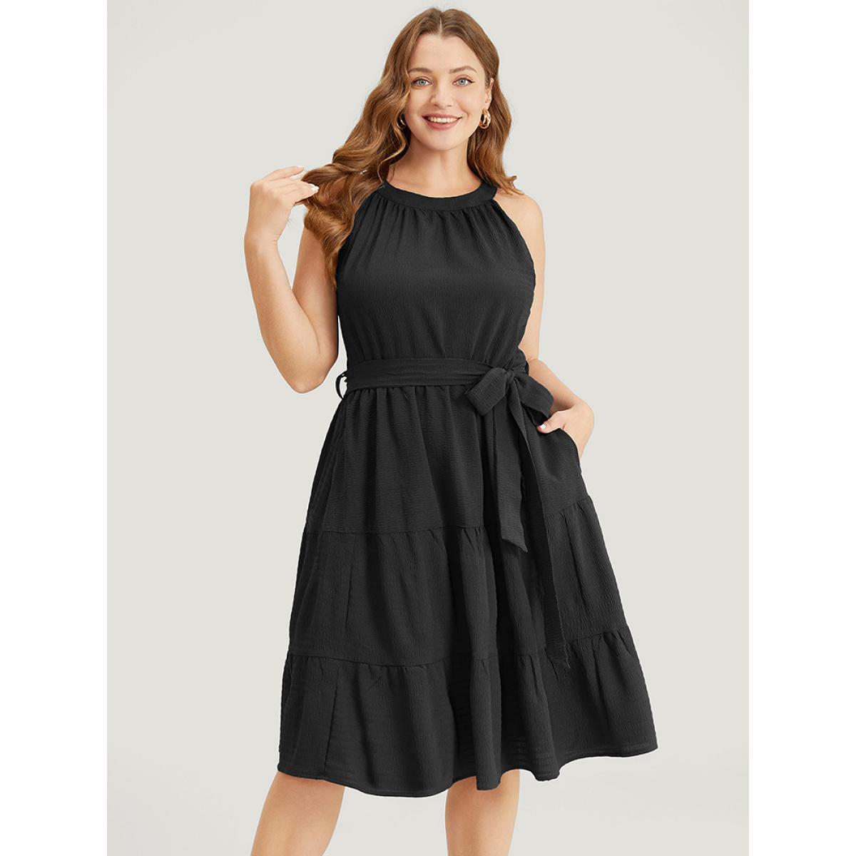 Plus Size Solid Knot Halter Pocket Belted Ruffles Tiered Hem Dress Black Women Elegant Gathered Halter neck Sleeveless Curvy Knee Dress BloomChic 30/6X Product Image