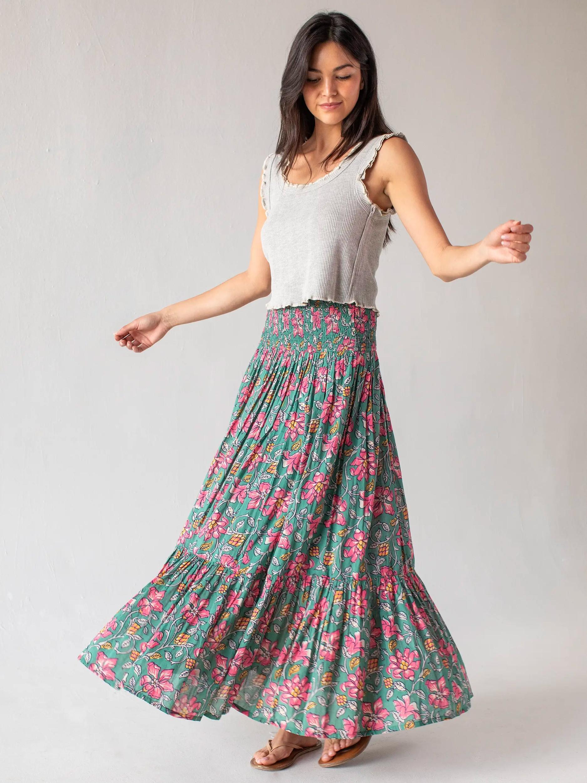 Flora Cotton Convertible Maxi Skirt - Teal Pink Lilies Product Image