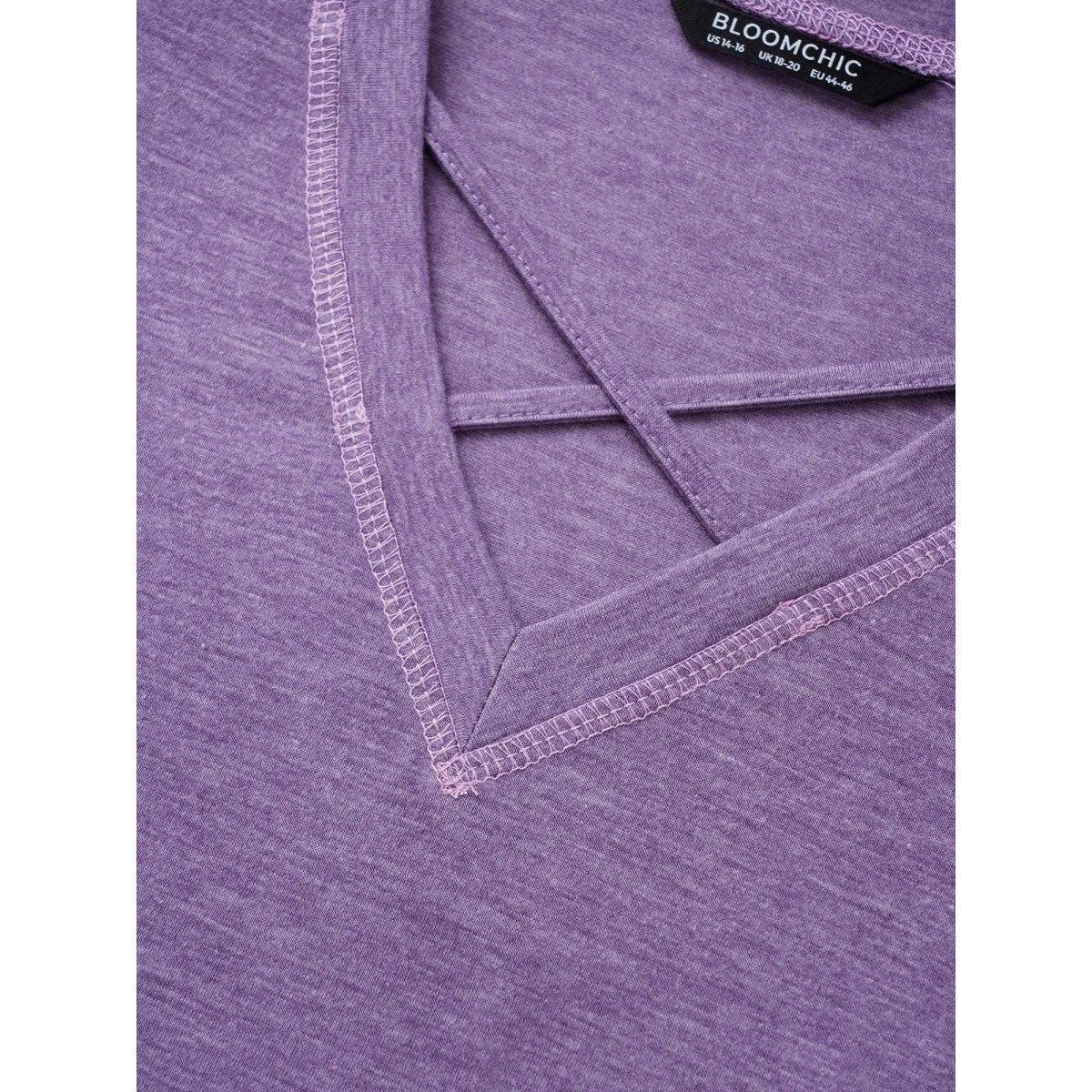 Plus Size Solid Crisscross Neck Contrast Stitch T-shirt Mauve Women Casual Plain V-neck Everyday T-shirts BloomChic 22-24/3X Product Image