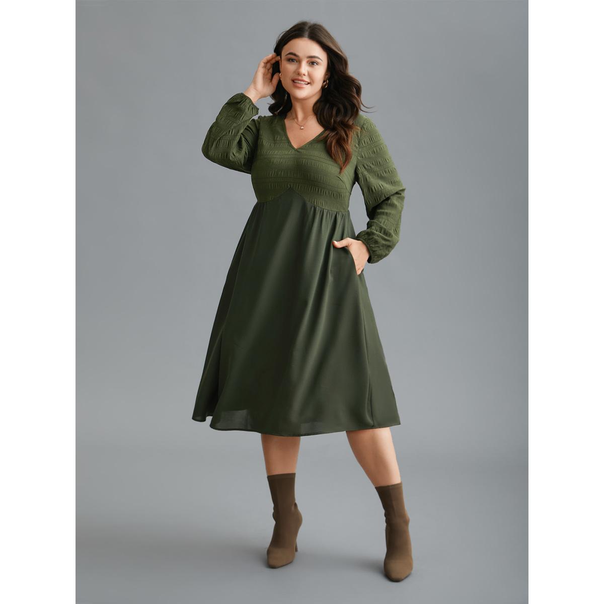 Plus Size V-Neck Splicing Textured Knit Dress ArmyGreen Women Elegant Texture Knit Dresses Bloomchic 22-24/3X Product Image