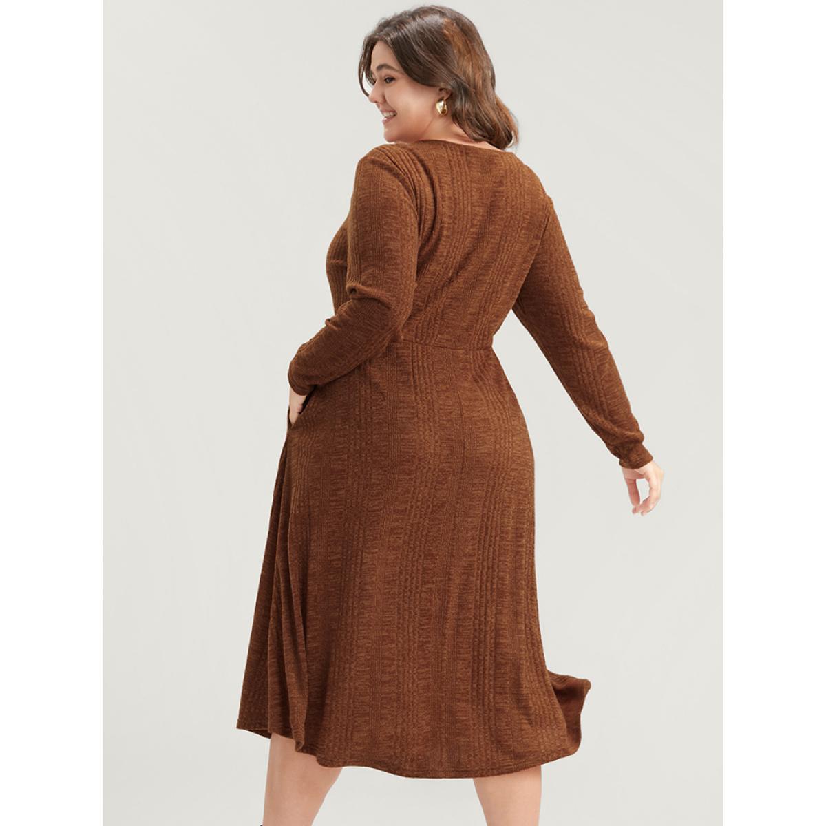 Plus Size Solid Round Neck Pocket Rib Knit Dress Without Belt Chocolate Women Elegant Elastic Waist Round Neck Long Sleeve Curvy Midi Dress BloomChic 26/4X Product Image