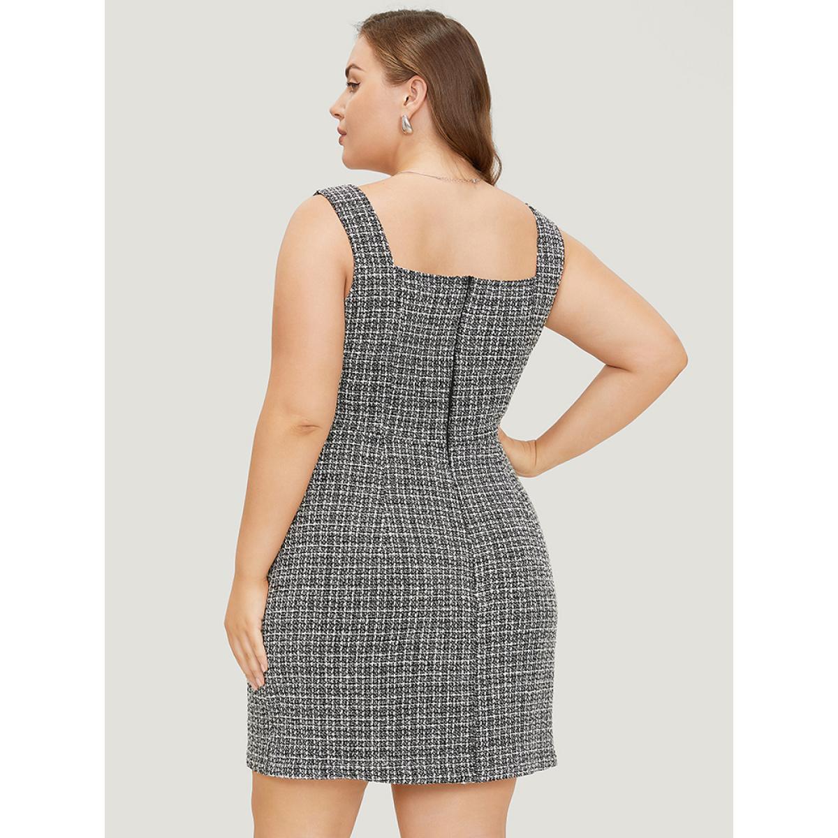 Plus Size Plaid Tweed Zipper Pearl Beaded Tank Dress Black Women Office Zipper Square Neck Sleeveless Curvy Short Dress BloomChic 14-16/1X Product Image