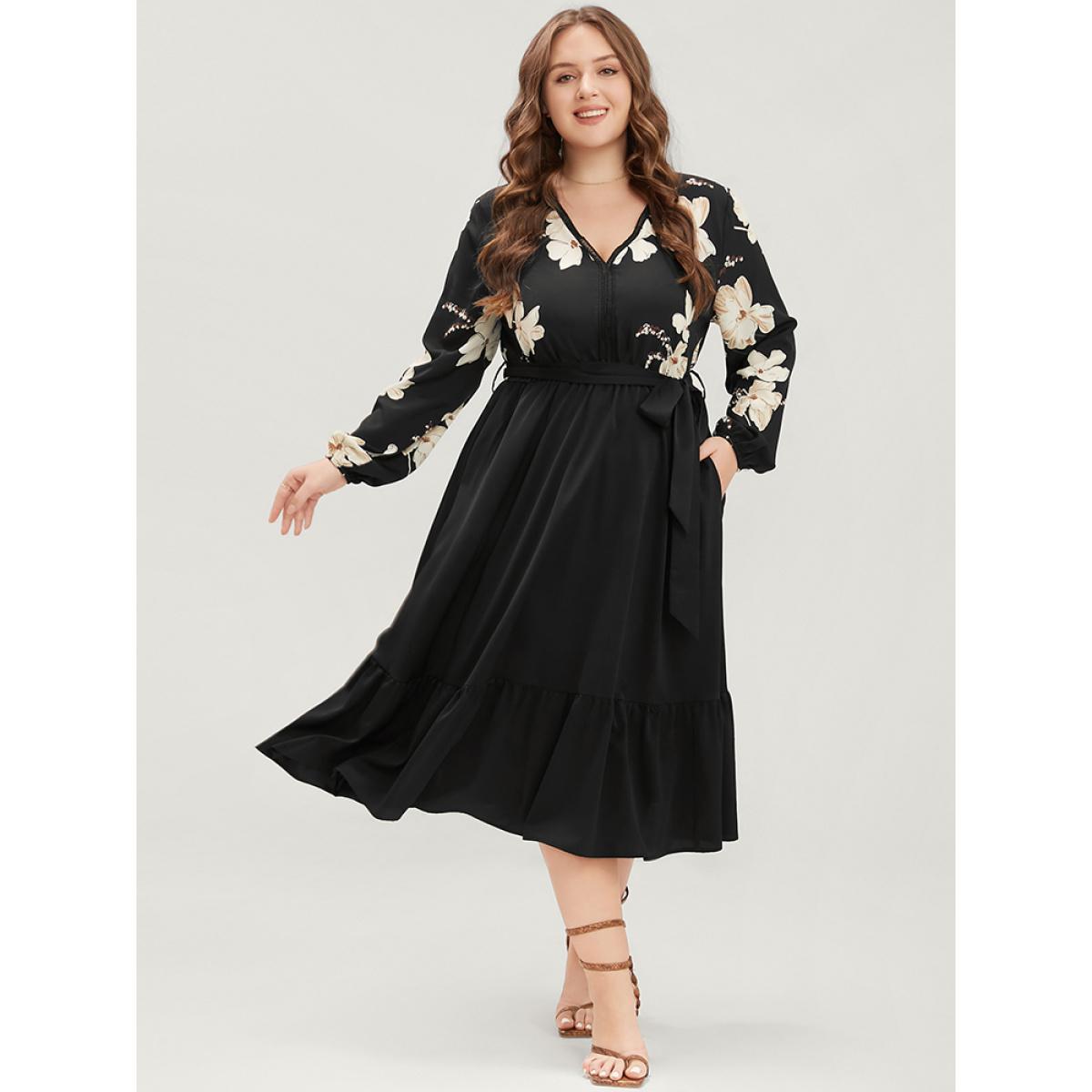 Plus Size Floral Pocket Broderie Anglaise Lantern Sleeve Belted Flutter Dress BlackFlower Women Elegant Pocket V-neck Long Sleeve Curvy Midi Dress BloomChic 22-24/3X Product Image