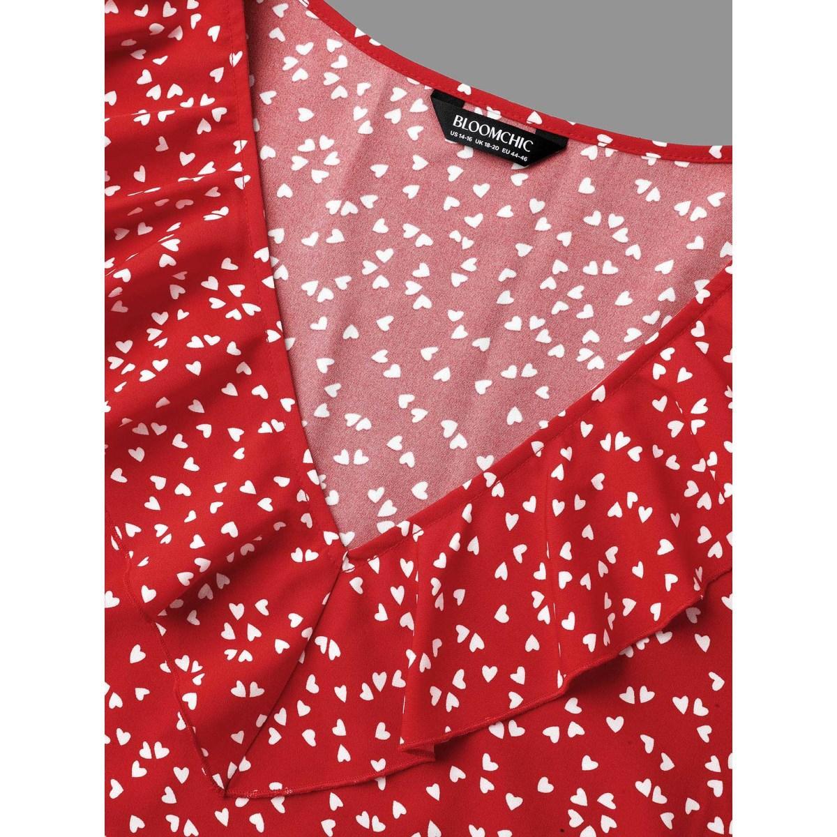 Plus Size Crimson V Neck Ruffle Heart Blouse Women Elegant Extra Long Sleeve V-neck Everyday Blouses BloomChic 28/5X Product Image