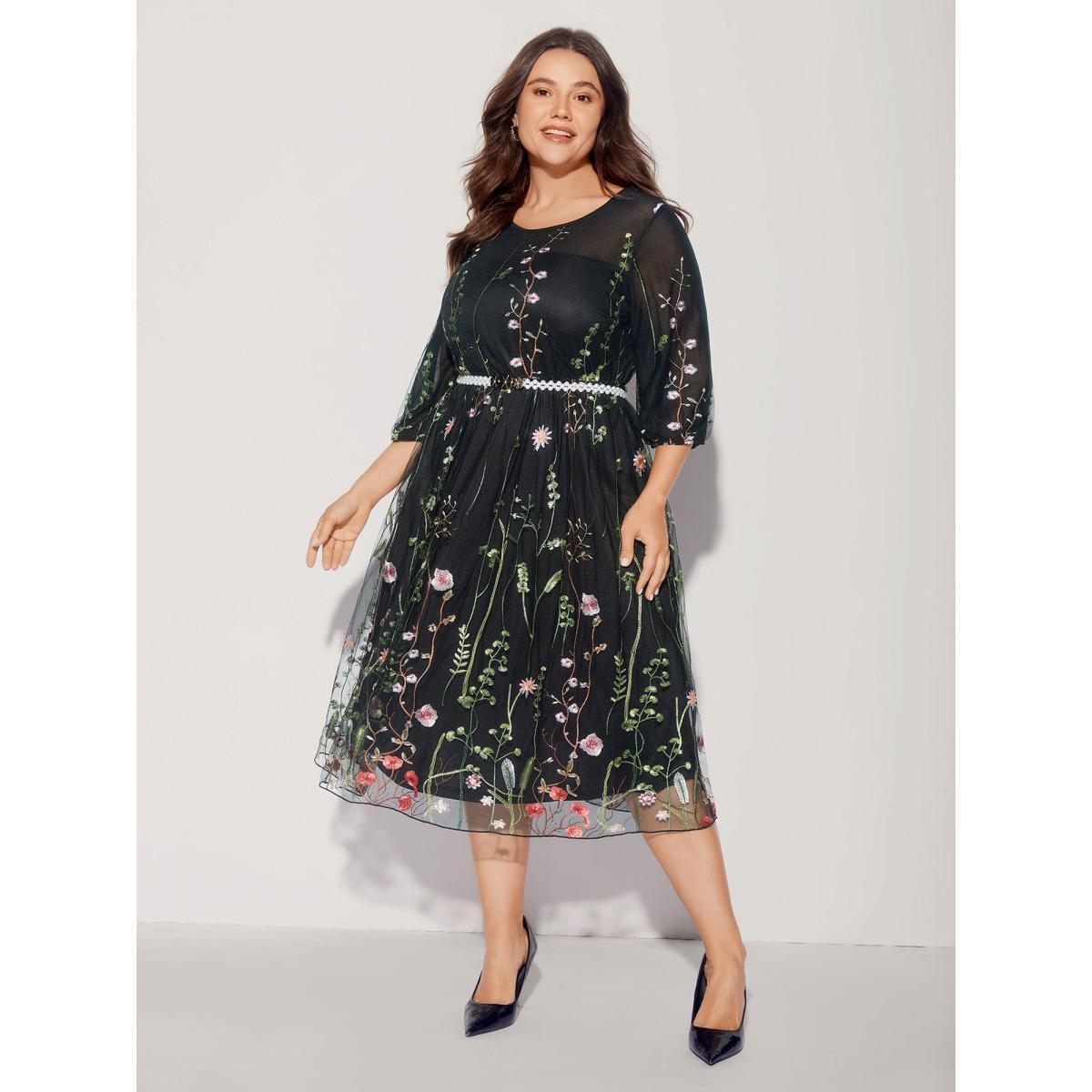 Plus Size Floral Embroidered Elastic Waist Lined Midi Dress Black Women Cocktail Texture Party Curvy Bloomchic 22-24/3X Product Image