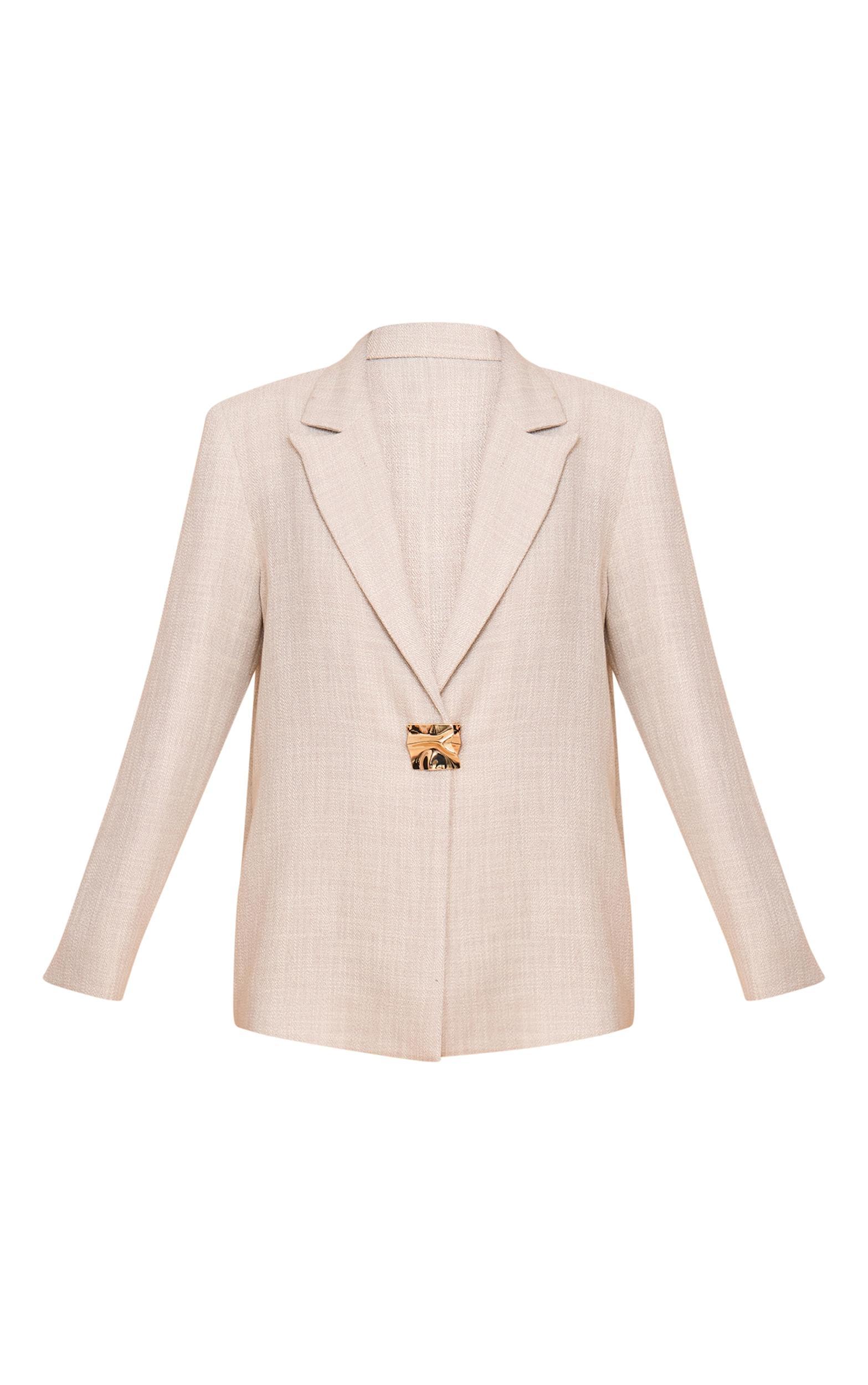 Beige Button Detail Linen Look Boxy Blazer Product Image