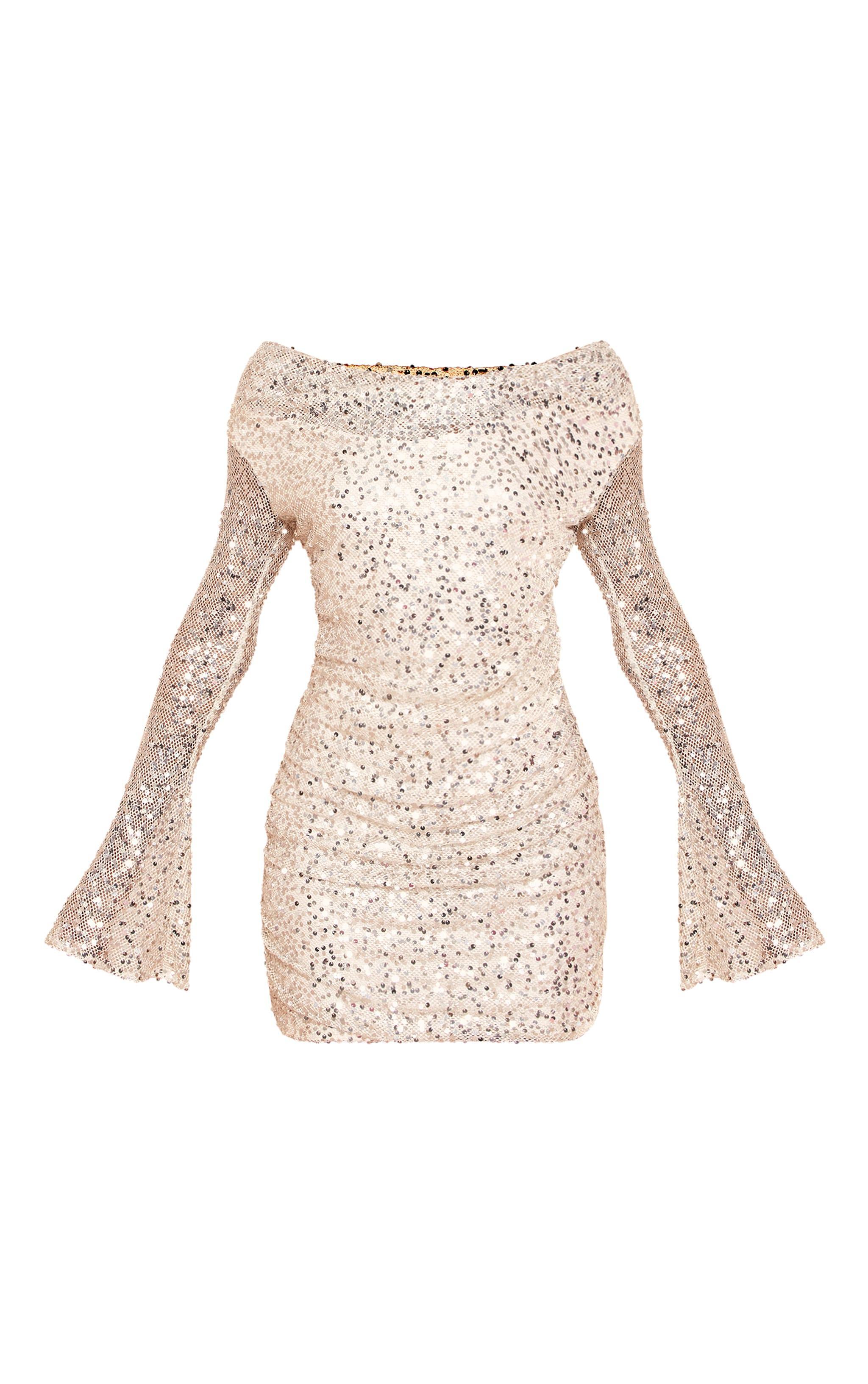 Cream Sequin Cowl Neck Long Sleeve Mini Dress Product Image