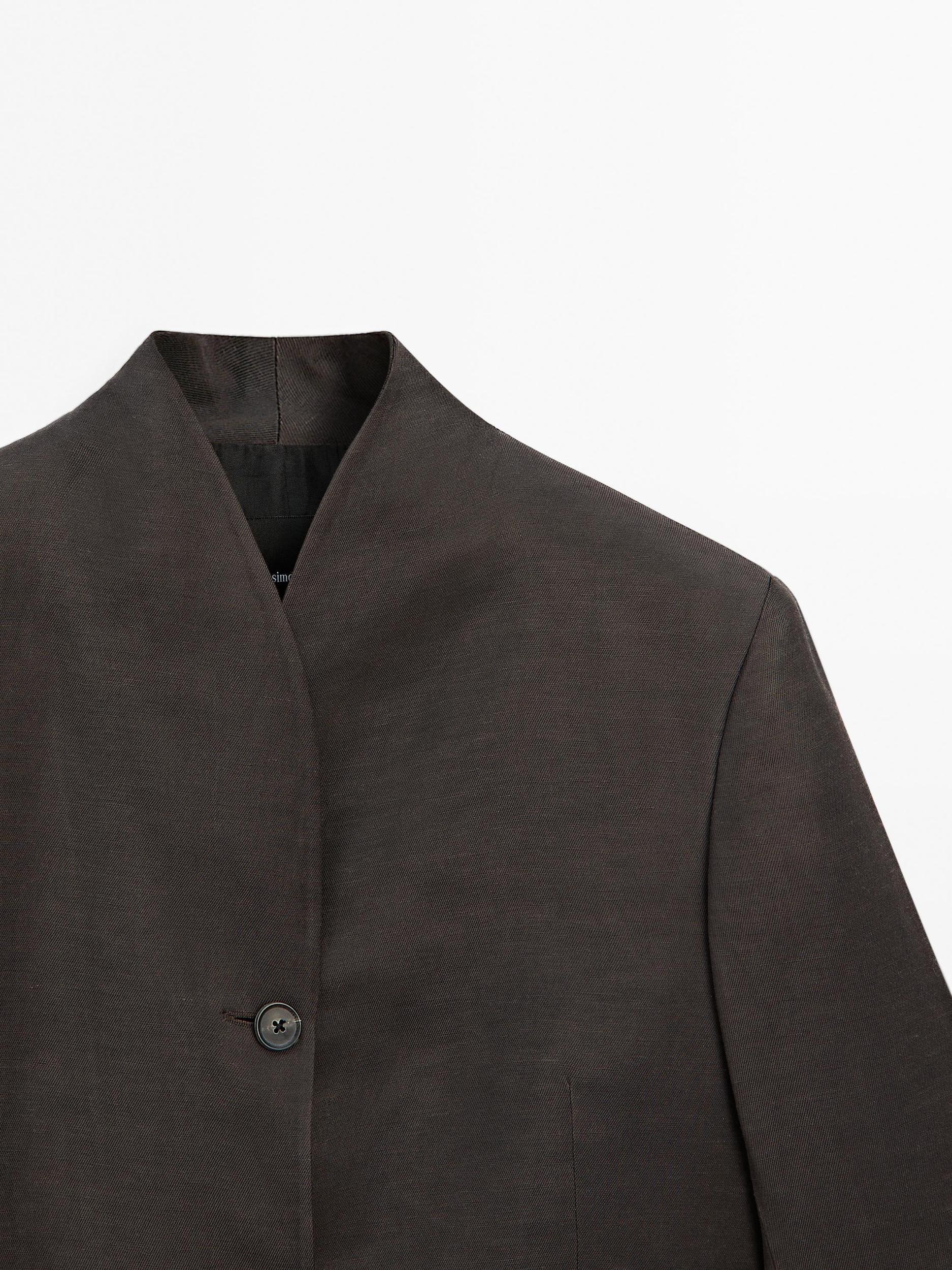 Linen blend high neck blazer Product Image