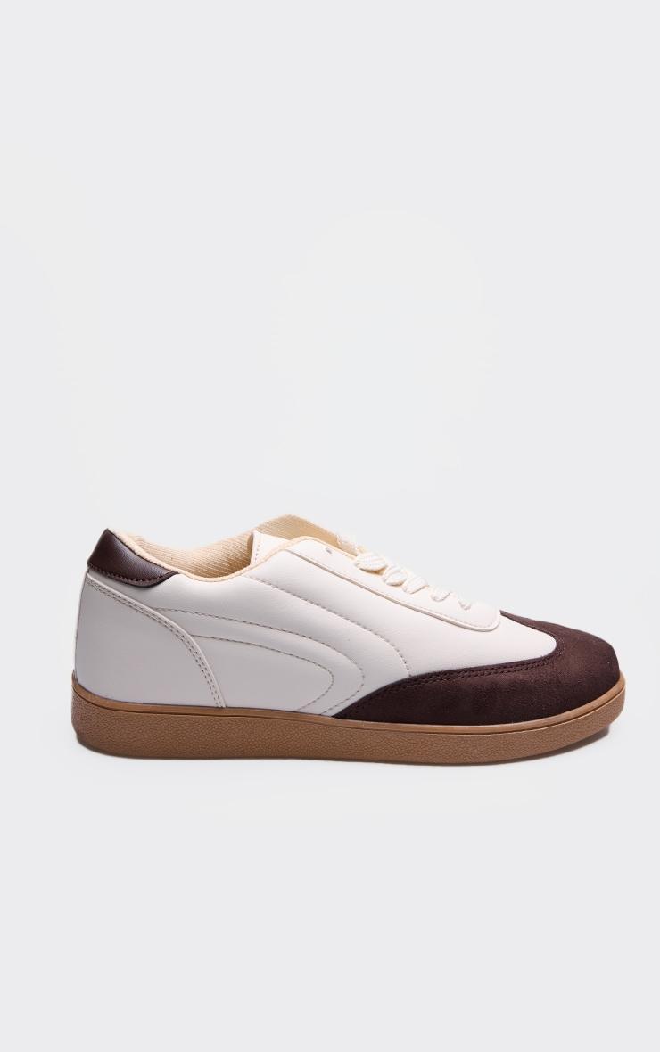 Brown and Cream Pu Contrast Panel Lace Up Sneakers Product Image