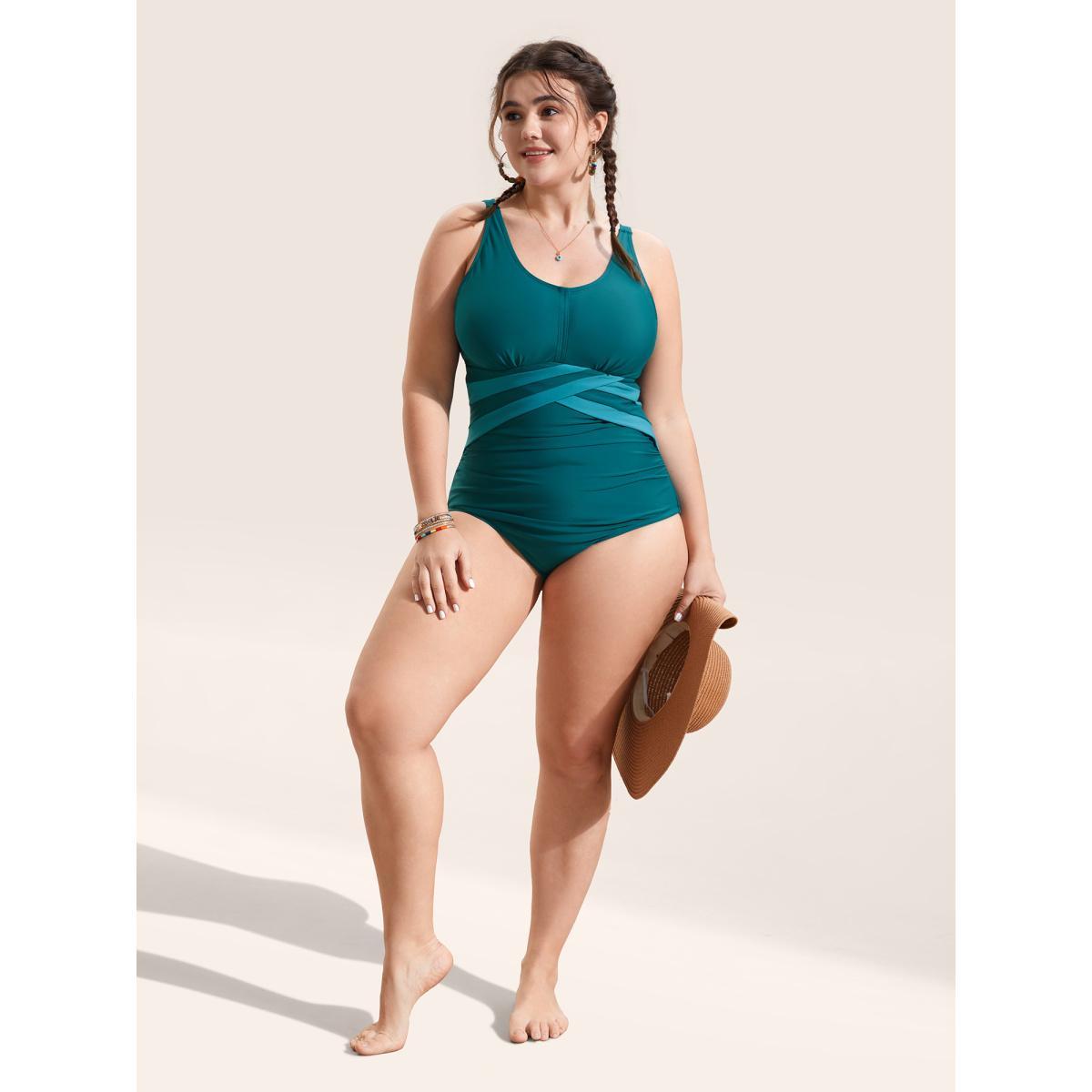 Plus Size Two Tone Crossover Gathered One Piece Swimsuit Women's Swimwear Cyan Beach Overlapping Curve Bathing Suits High stretch One Pieces BloomChic 28/5X Product Image