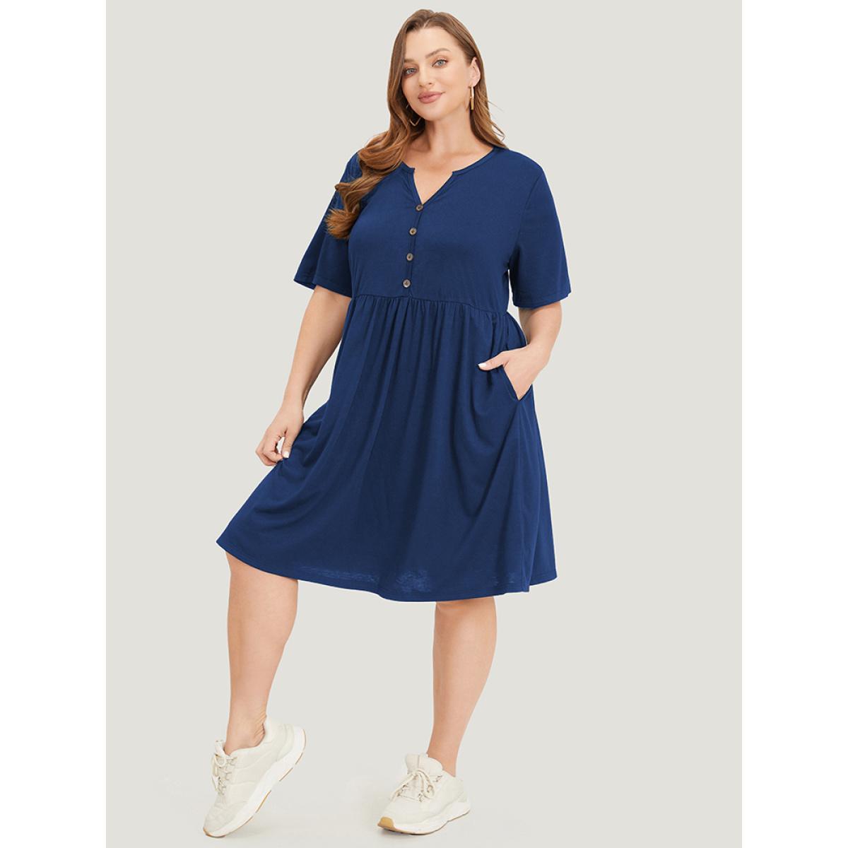 Plus Size Solid Notched Pocket Flutter Hem Dress DarkBlue Women Casual Elastic Waist Notched collar Short sleeve Curvy Midi Dress BloomChic 14-16/1X Product Image