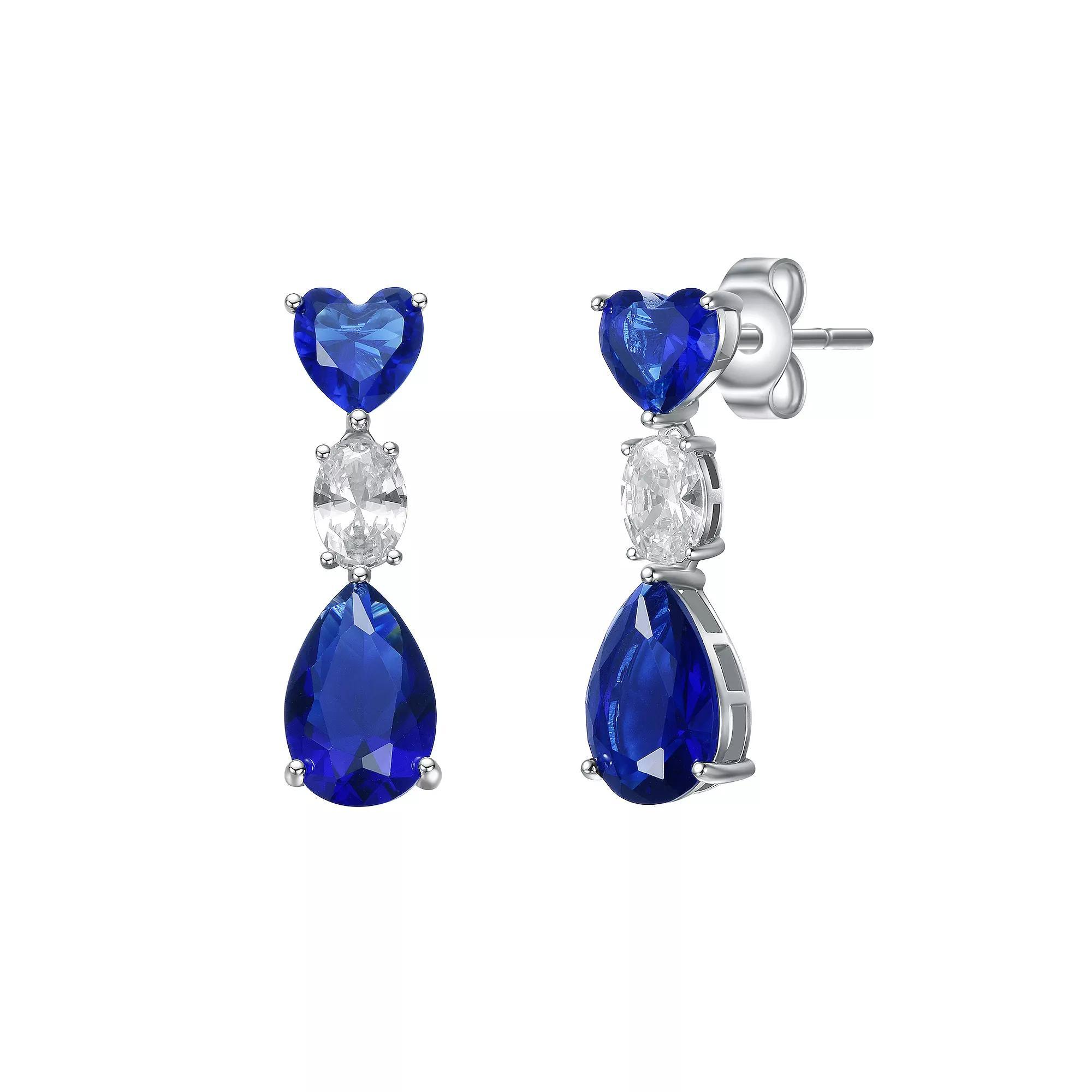 Sterling Silver Blue & White Cubic Zirconia Three-Stone Linear Dangle Earrings, Womens Product Image