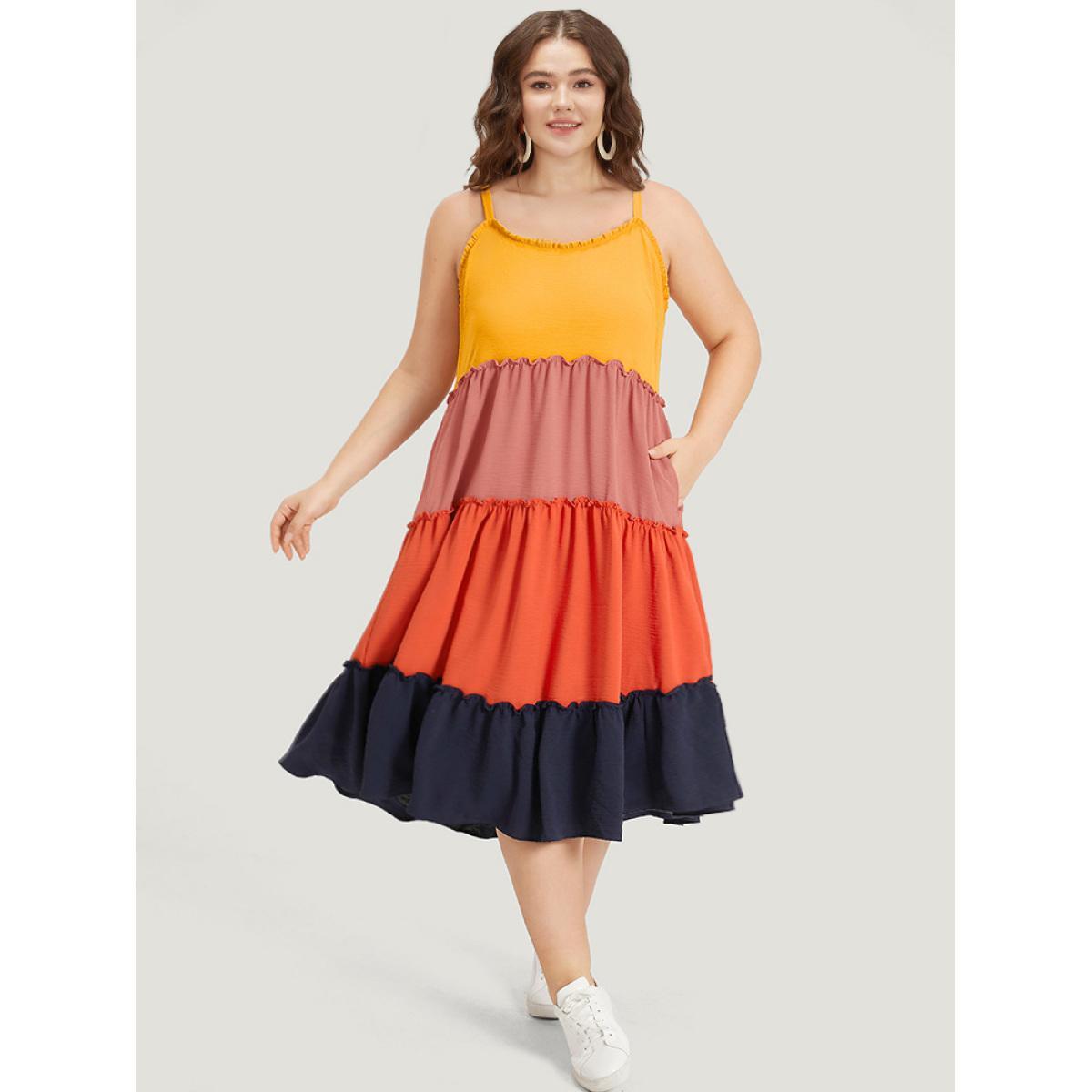 Plus Size Colorblock Contrast Flutter Hem Frill Trim Cami Dress Multicolor Women Casual Adjustable Straps Spaghetti Strap Sleeveless Curvy Midi Dress BloomChic 22-24/3X Product Image