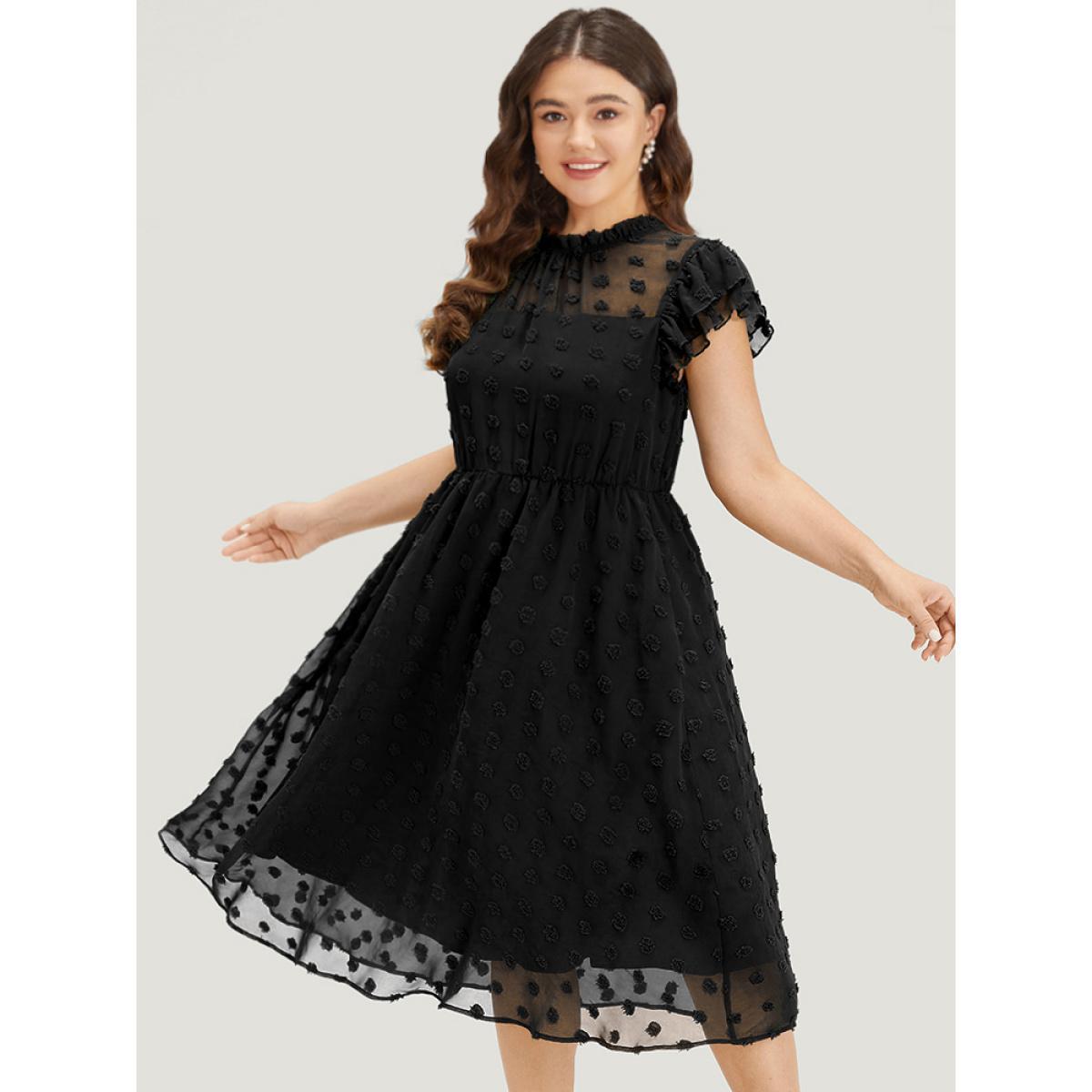 Plus Size Solid Polka Dot Mesh Frill Trim Flutter Dress Black Women Office Texture Mock Neck Sleeveless Curvy Midi Dress BloomChic 10/M Product Image