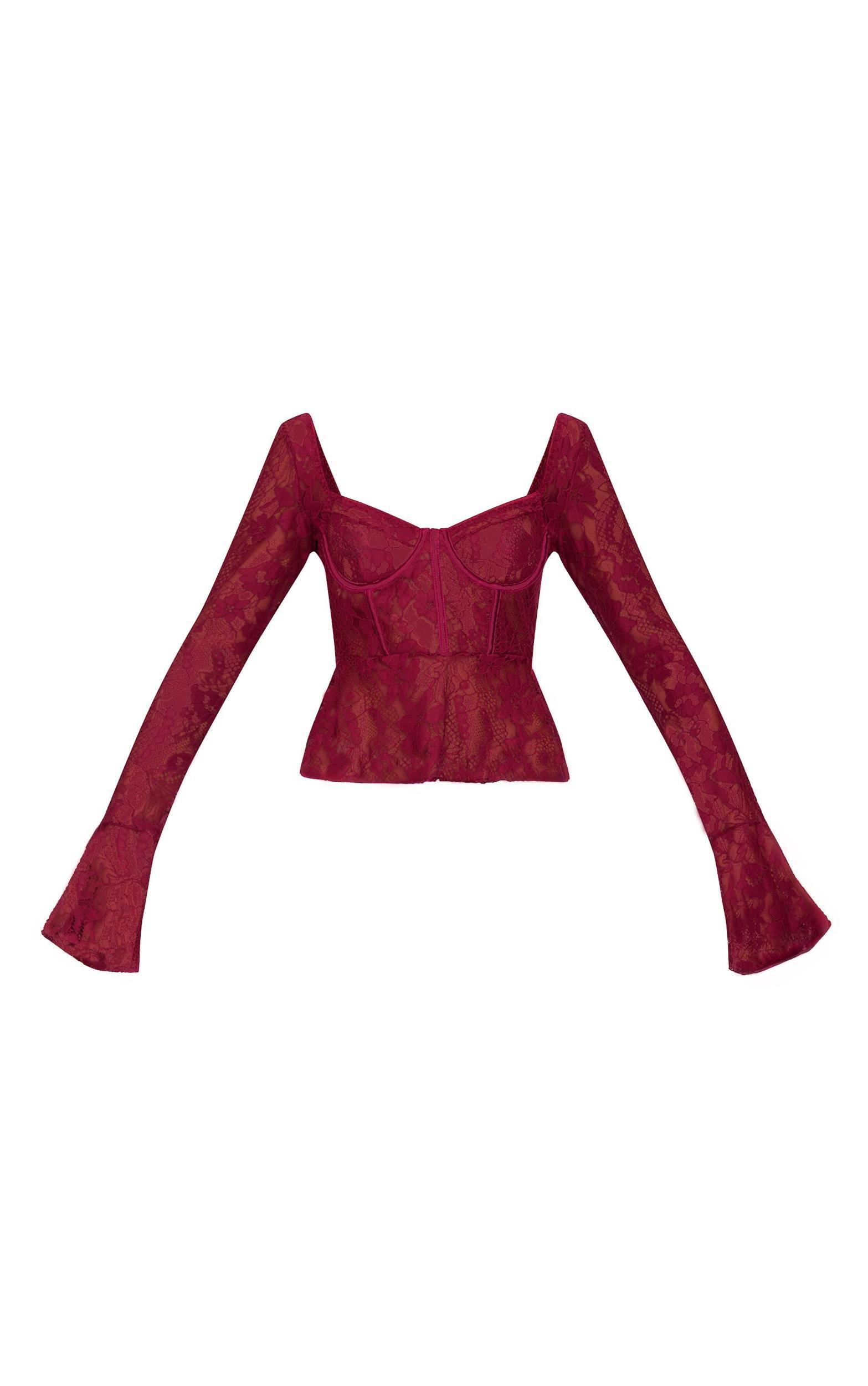 Burgundy Lace Boned Flared Long Sleeve Long Top Product Image